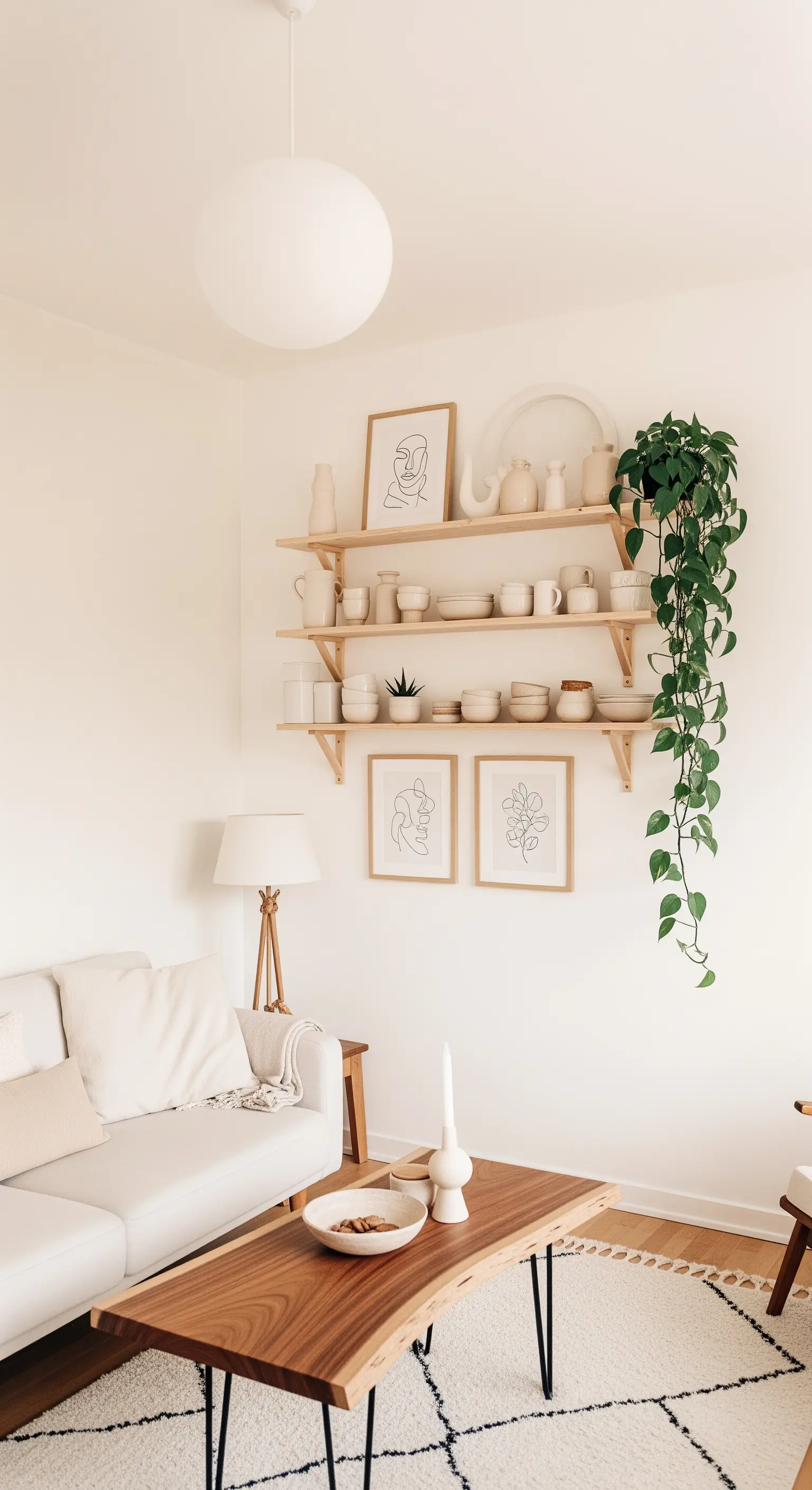 Offene Holzregale, bestückt mit cremefarbener Keramik, Strichzeichnungen und einer Hängepflanze.