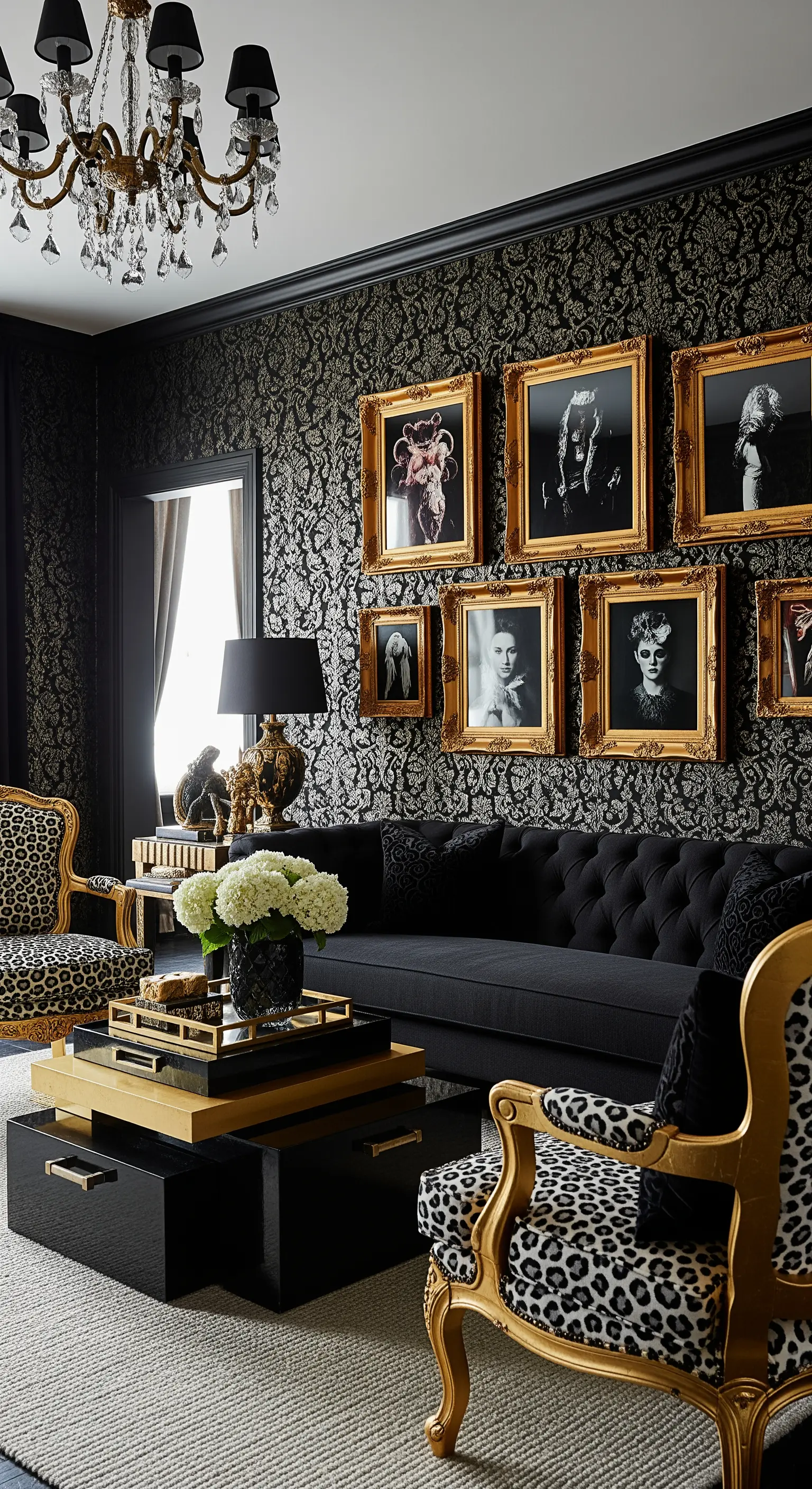 Maximalistisches Wohnzimmer mit dunkler Mustertapete und einer Galerie-Wand aus Bildern in goldenen Rahmen.