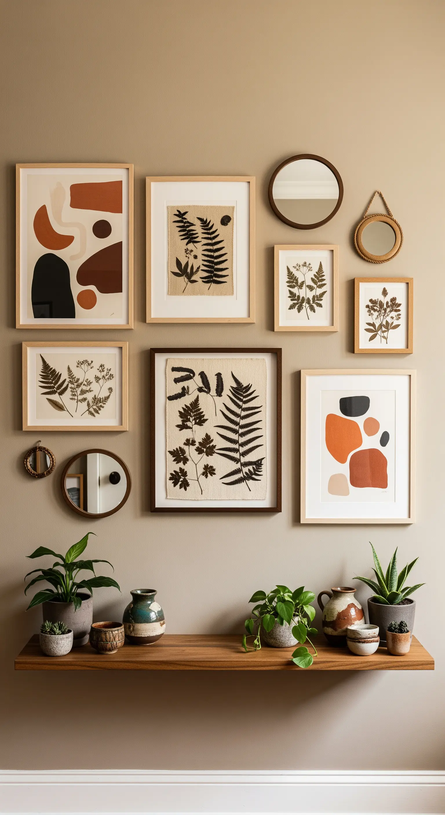 Eine Wand mit einer Sammlung von gerahmten Bildern, gepressten Pflanzen und kleinen Spiegeln