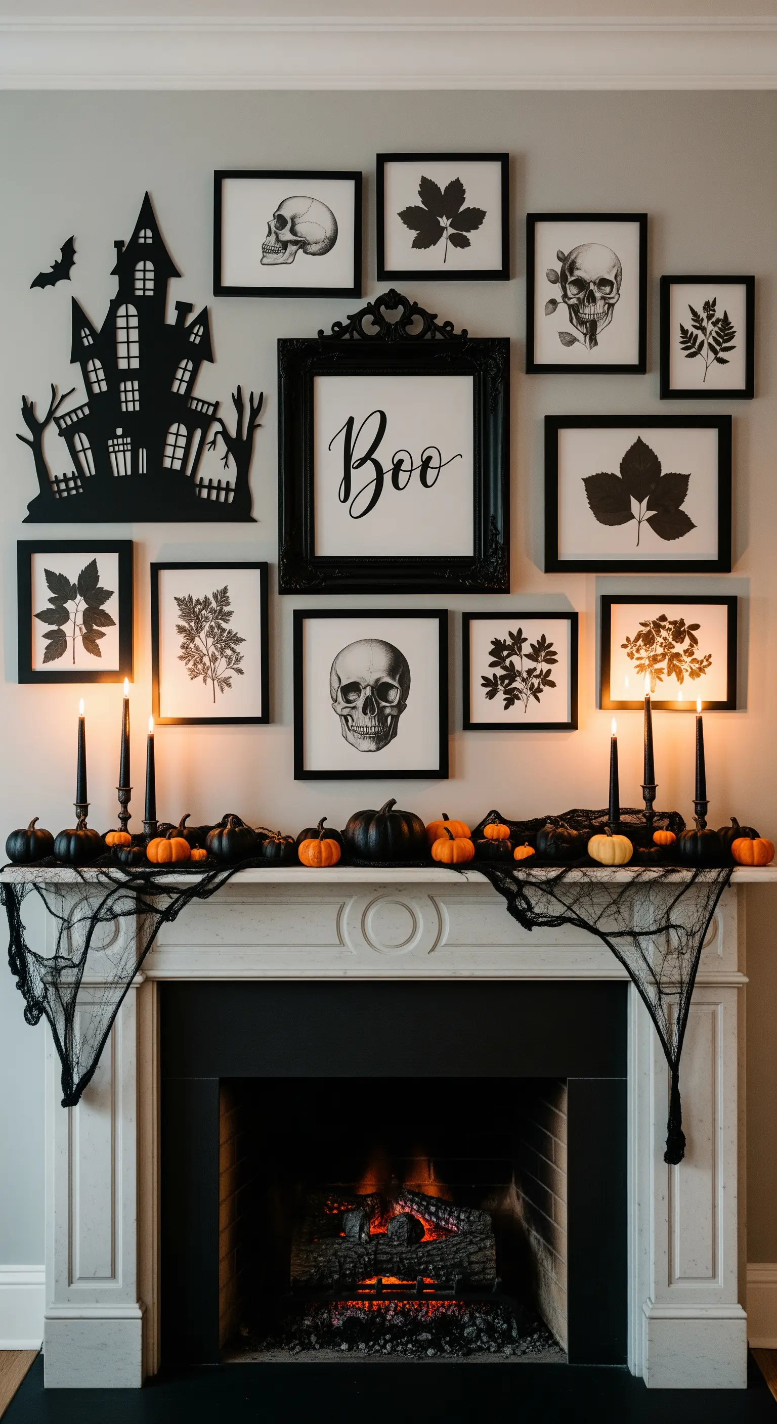 Elegante Halloween-Galeriewand mit schwarzen Rahmen, Schädel- und Botanik-Motiven über einem Kamin.