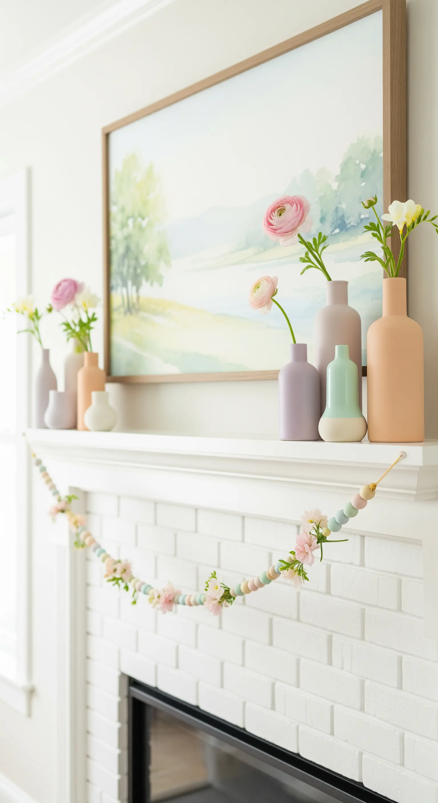 Kaminsims mit einer Sammlung von Vasen in Pastellfarben und einer Blumengirlande.