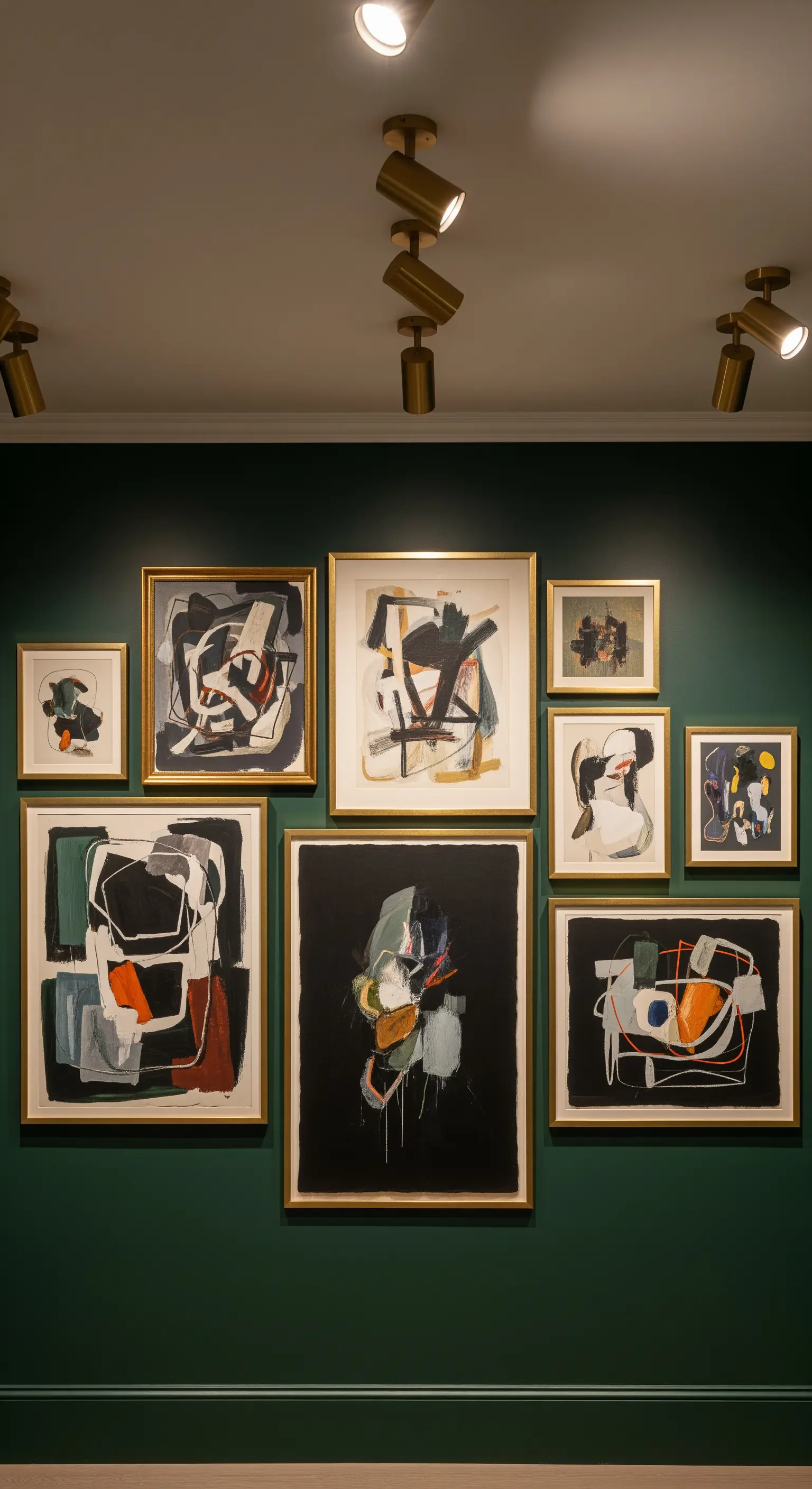 Abstrakte Kunstwerke in Goldrahmen an grüner Wand, Deckenstrahler