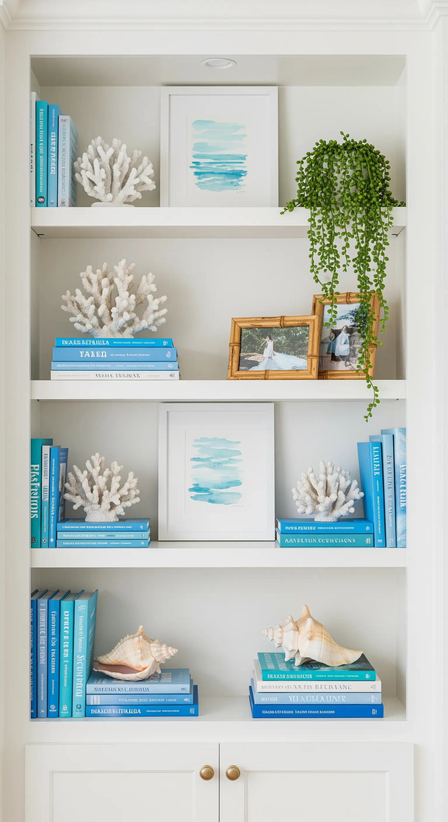 Weißes Bücherregal, dekoriert mit blauen Büchern, weißen Korallen und Fotorahmen aus Bambus