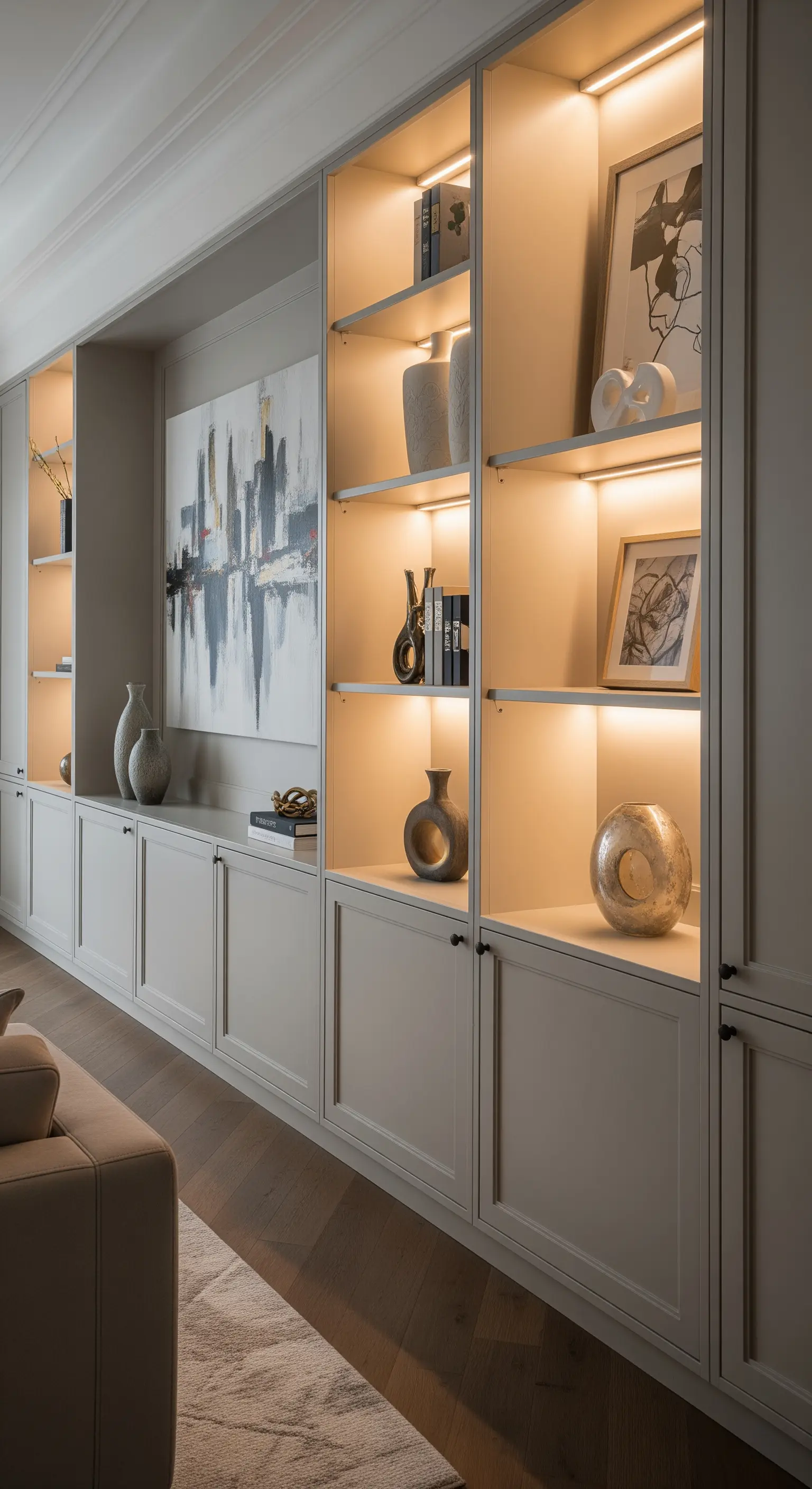 Moderne Schrankwand mit beleuchteten Nischen, die mit Keramikvasen dekoriert sind