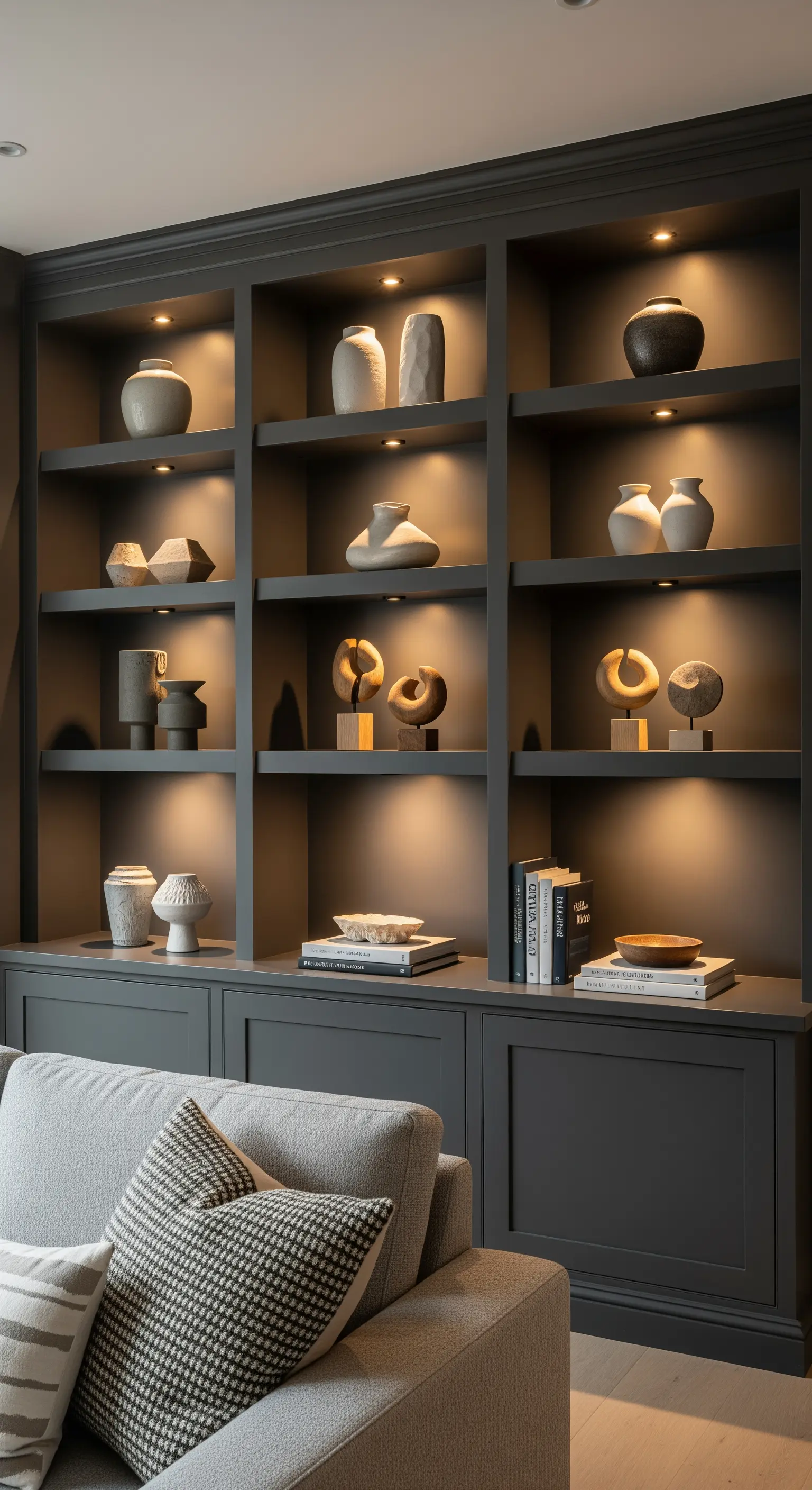 Ein dunkles Regal, in dem einzelne Fächer mit Spots beleuchtet sind, um Keramik hervorzuheben.