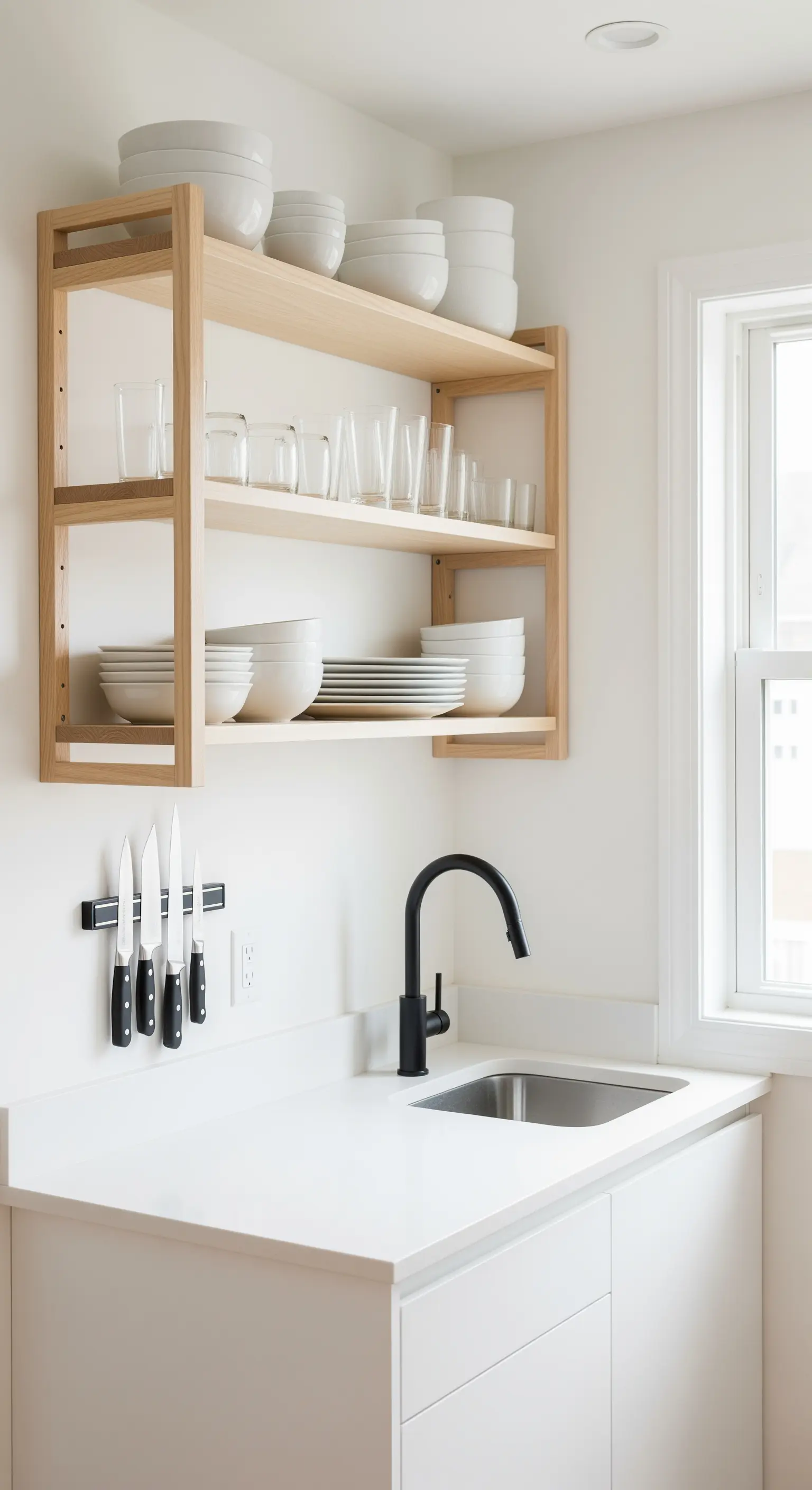 Offene Holzregale mit einheitlich weißem Geschirr in einer minimalistischen Küche.