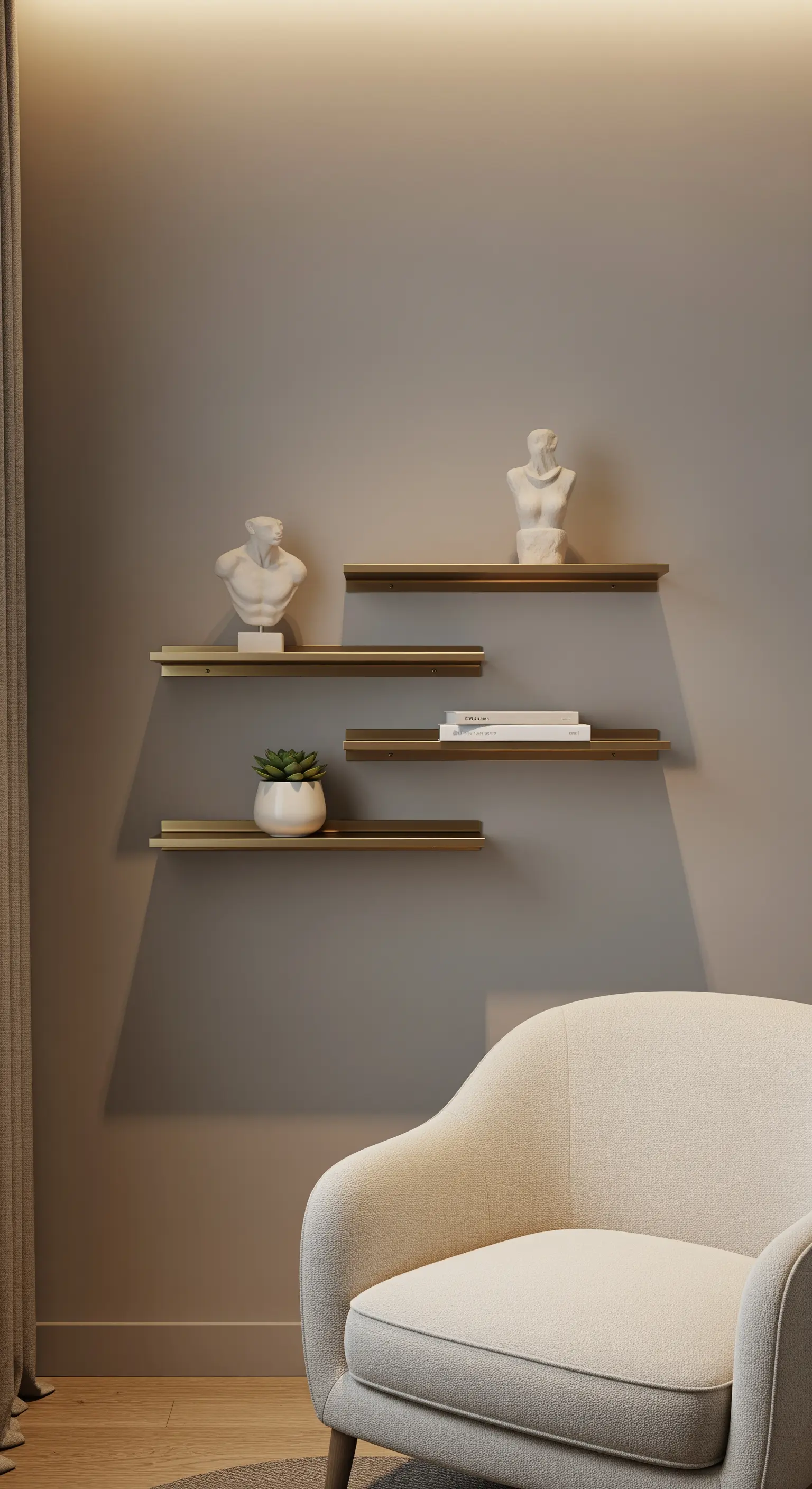 Asymmetrisch angeordnete Wandregale mit weißen Skulpturen und Büchern.