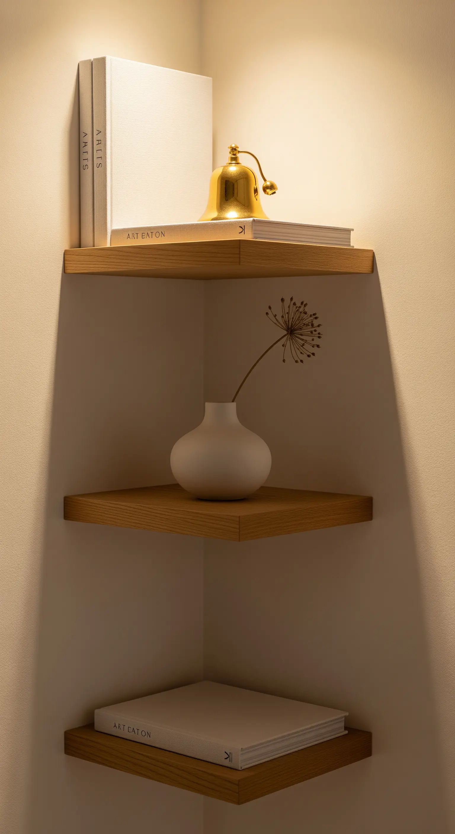 Eckregal mit Büchern, goldener Glocke und minimalistischer Vase