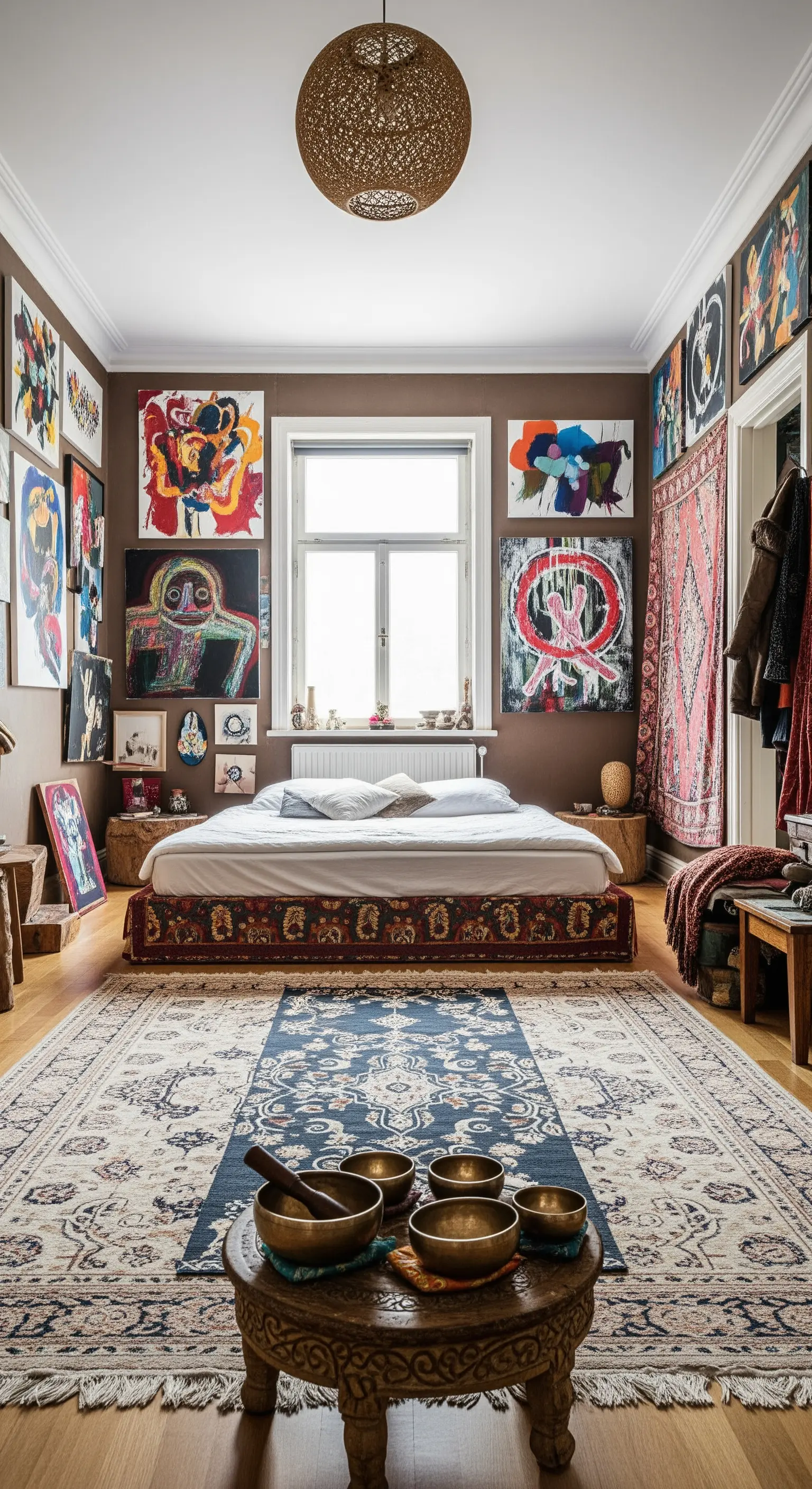 Maximalistisches Boho-Schlafzimmer mit vielen bunten Kunstwerken an den Wänden und Lagen-Teppichen.
