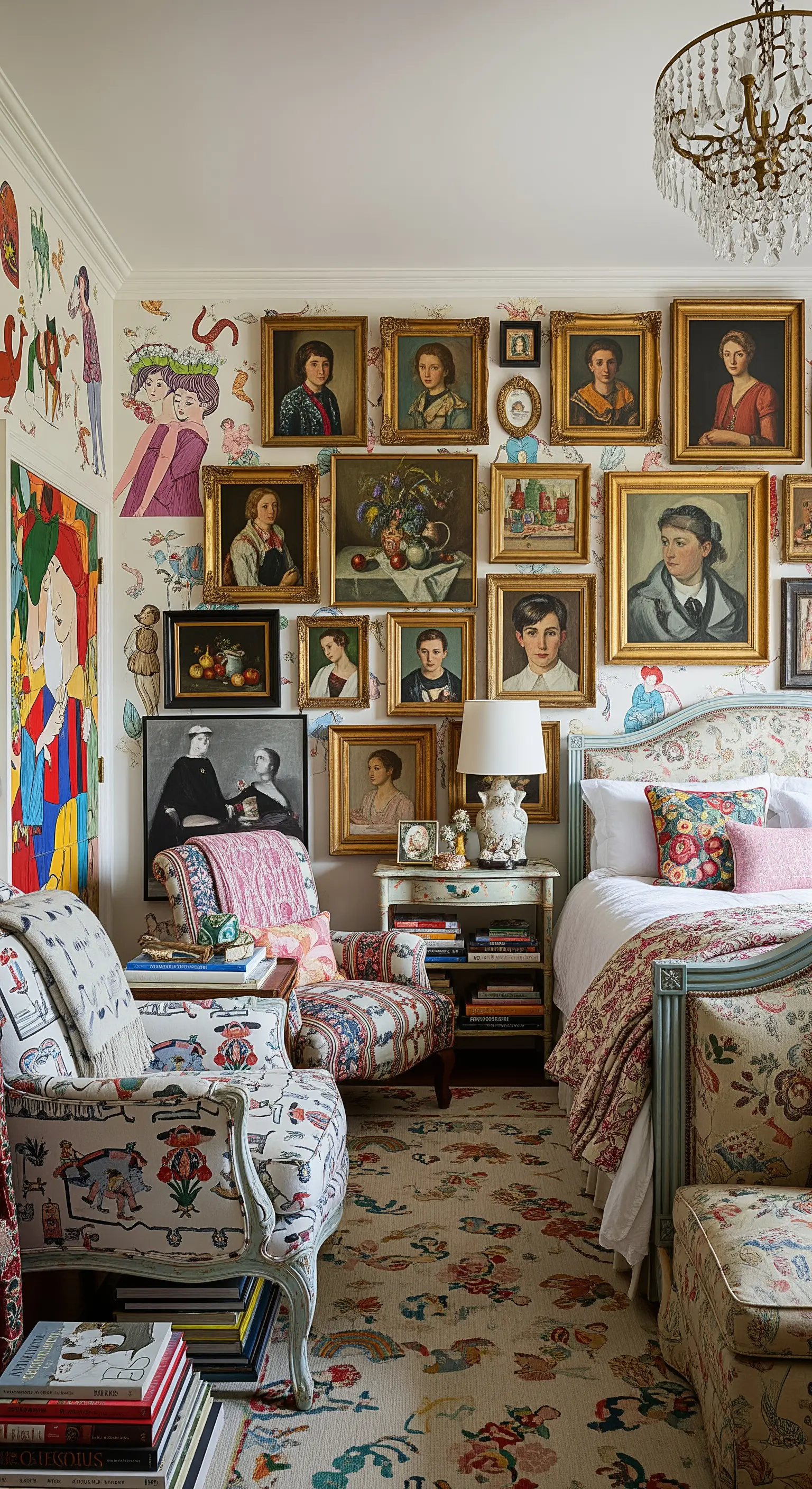 Eklektisches Schlafzimmer mit einer dichten Salon-Hängung von diversen Porträts in Goldrahmen.
