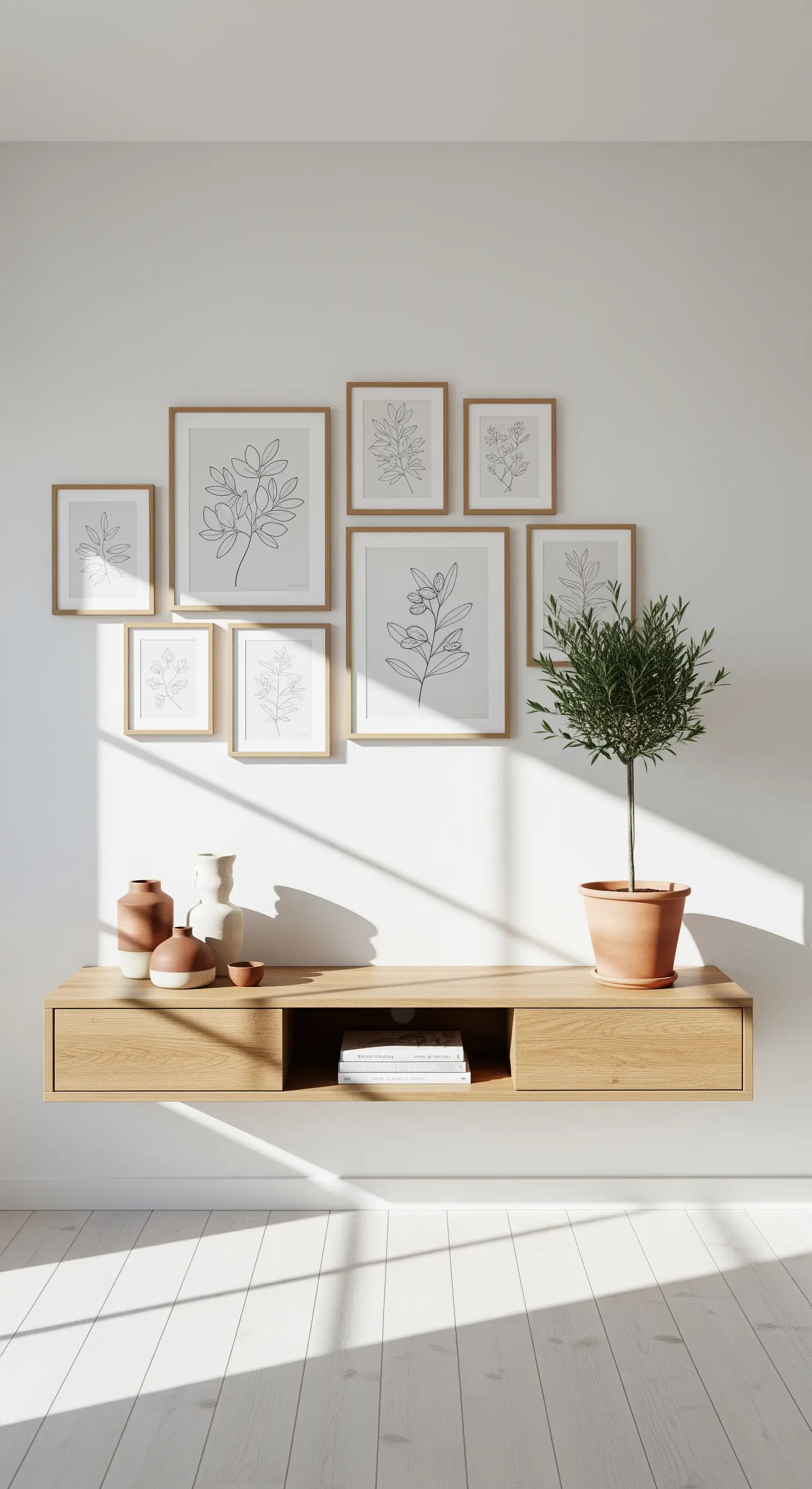 Galerie-Wand mit botanischen Prints, schwebende Holzkonsole, Olivenbaum