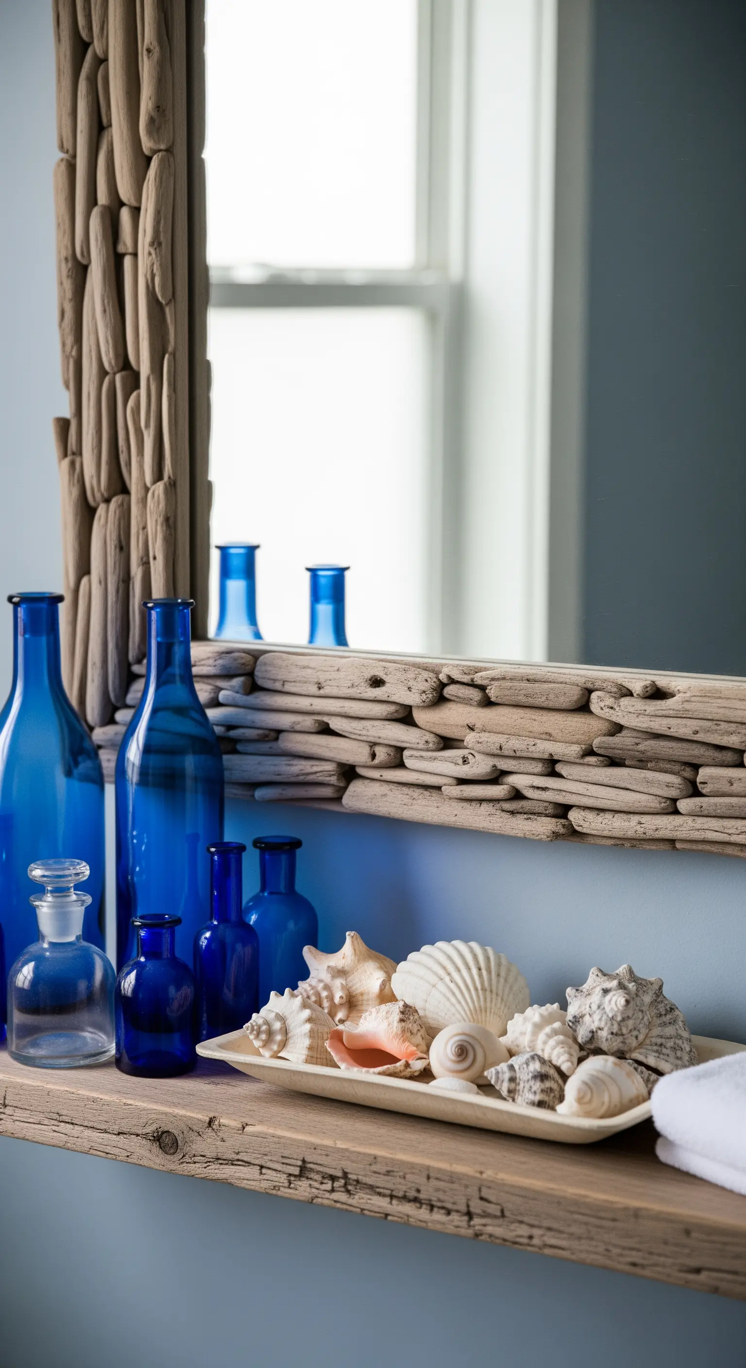 Holzregal mit blauen Glasflaschen, Muscheln und Treibholz-Spiegelrahmen.