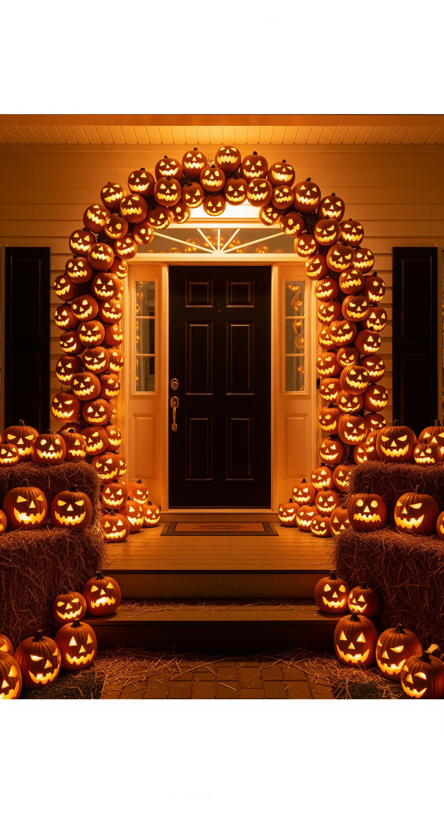 Opulenter Bogen aus leuchtenden Kürbissen über einer Haustür, flankiert von Strohballen.