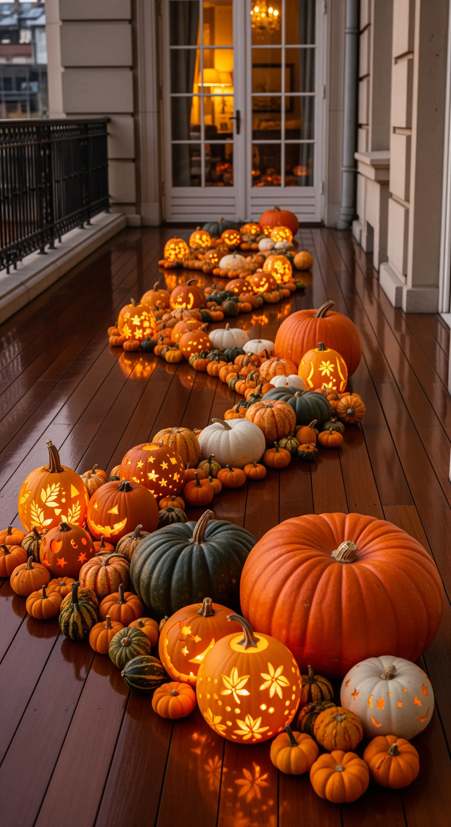 Opulenter Pfad aus beleuchteten und unbeleuchteten Kürbissen in verschiedenen Farben auf einem Holzbalkon.