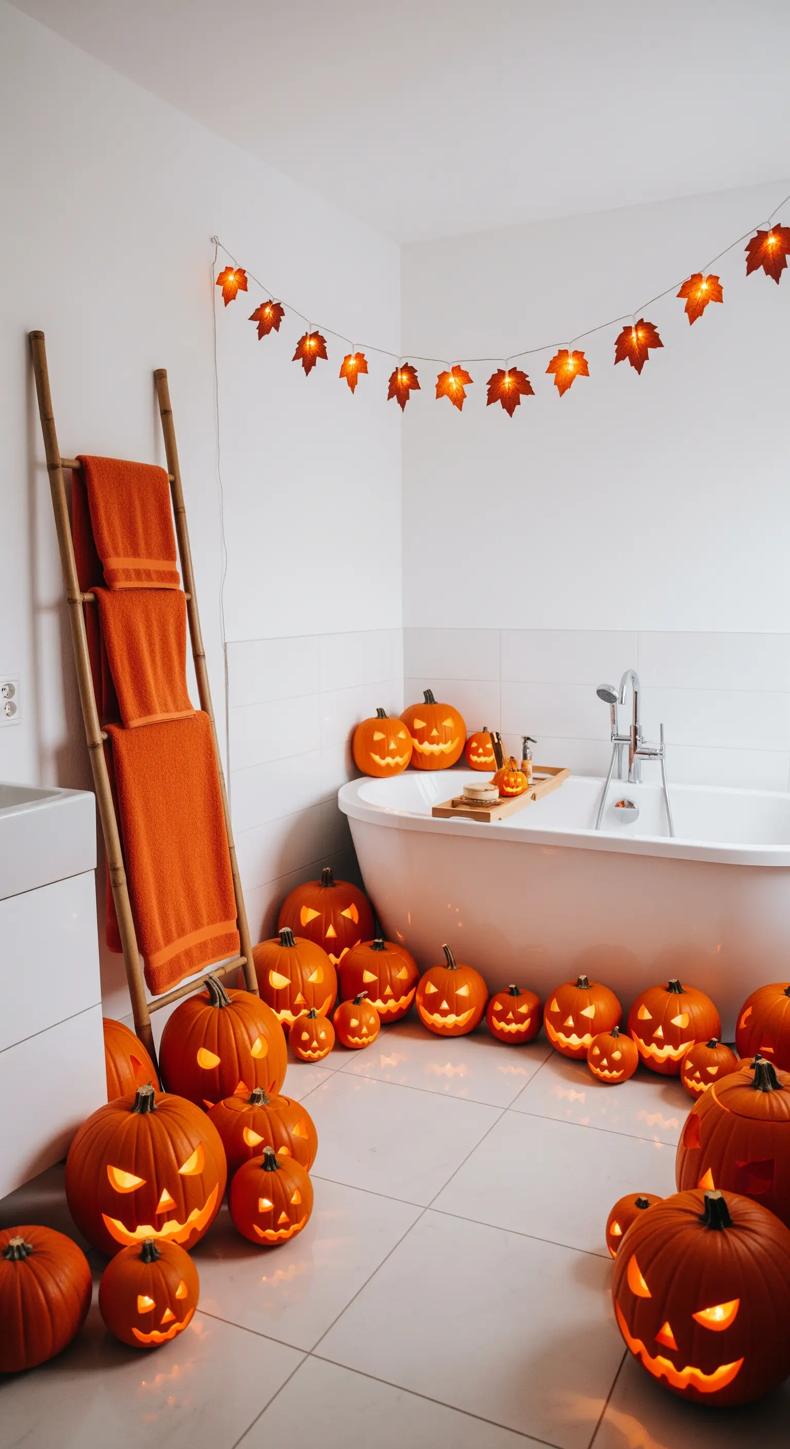 Badezimmer mit leuchtenden Kürbissen, Herbstlaub-Lichterkette und orangen Handtüchern