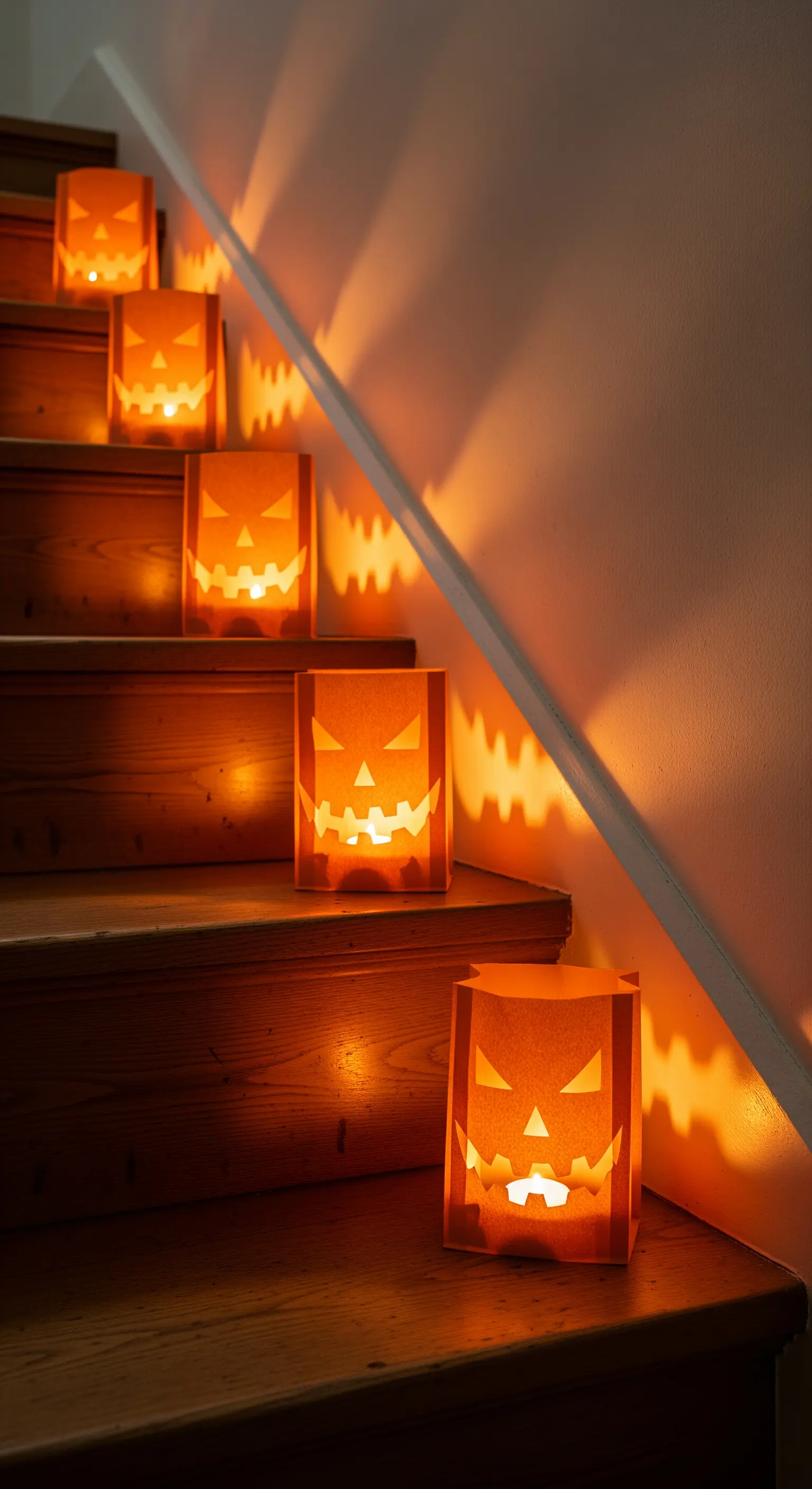 Treppenhaus-Deko mit leuchtenden Kürbislaternen aus Papier.