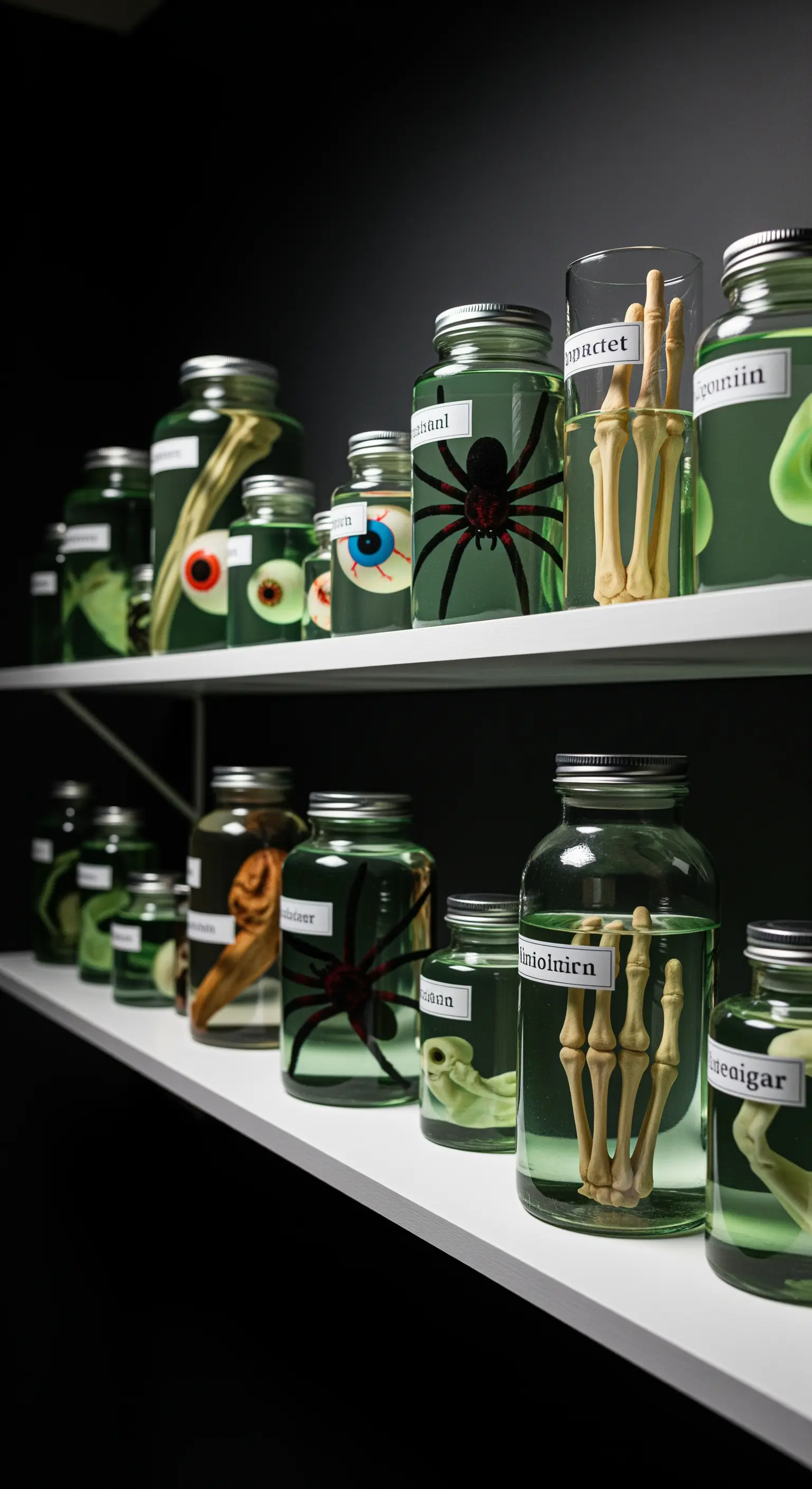 Regal mit Einmachgläsern, die unheimliche Objekte wie Skeletthände und Spinnen in grüner Flüssigkeit enthalten.