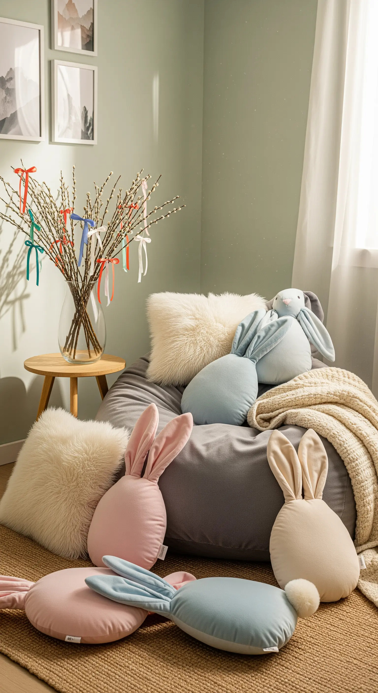 Kuschelecke mit Hasenkissen, Weidenkätzchen und bunten Bändern.