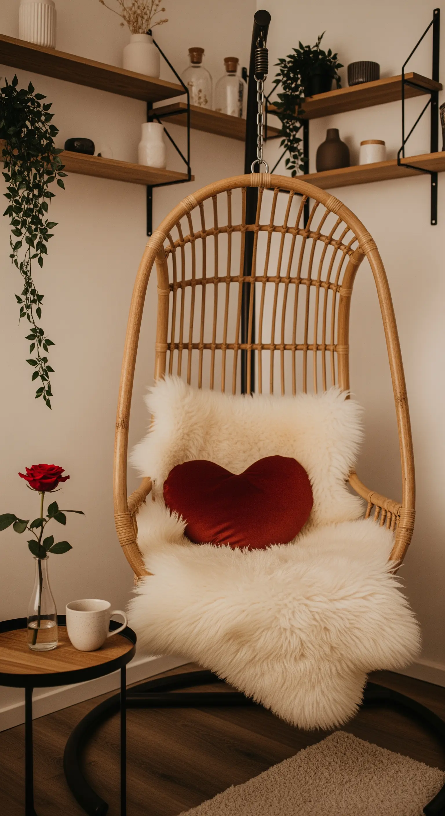 Hängesessel mit Fell, rotem Herz-Kissen, Rose und Beistelltisch