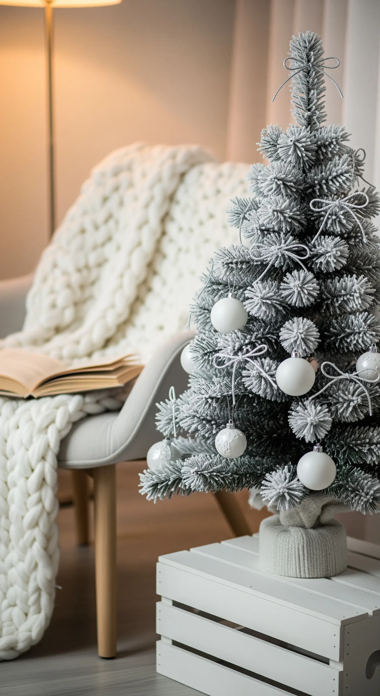 Kleiner geflockter Weihnachtsbaum mit weißen Pompon-Kugeln auf weißer Kiste.