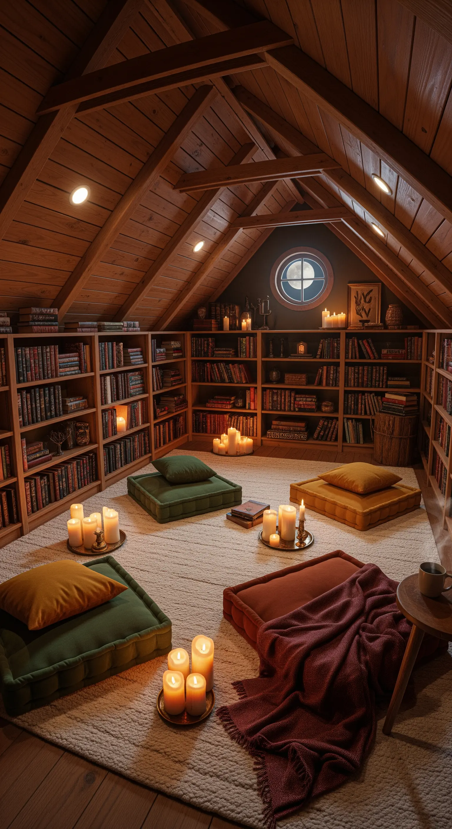 Dachboden-Bibliothek, Bodenkissen, viele Kerzen