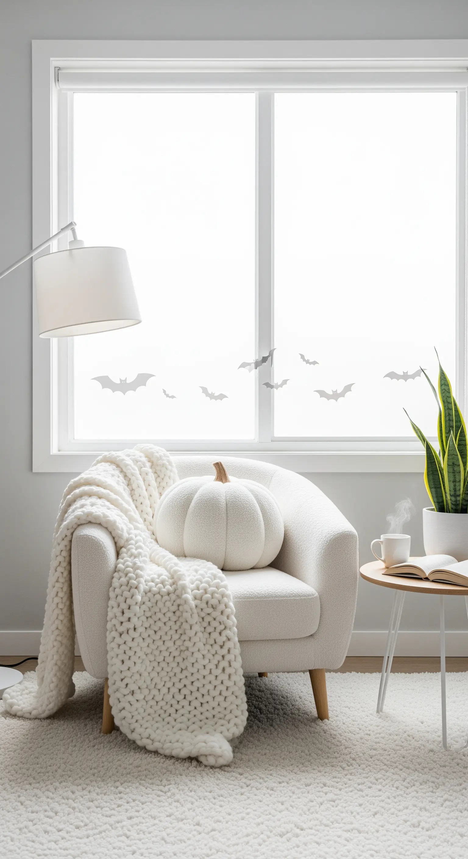 Weißer Sessel mit Strickdecke, Kürbiskissen und Fledermaus-Fensterstickern