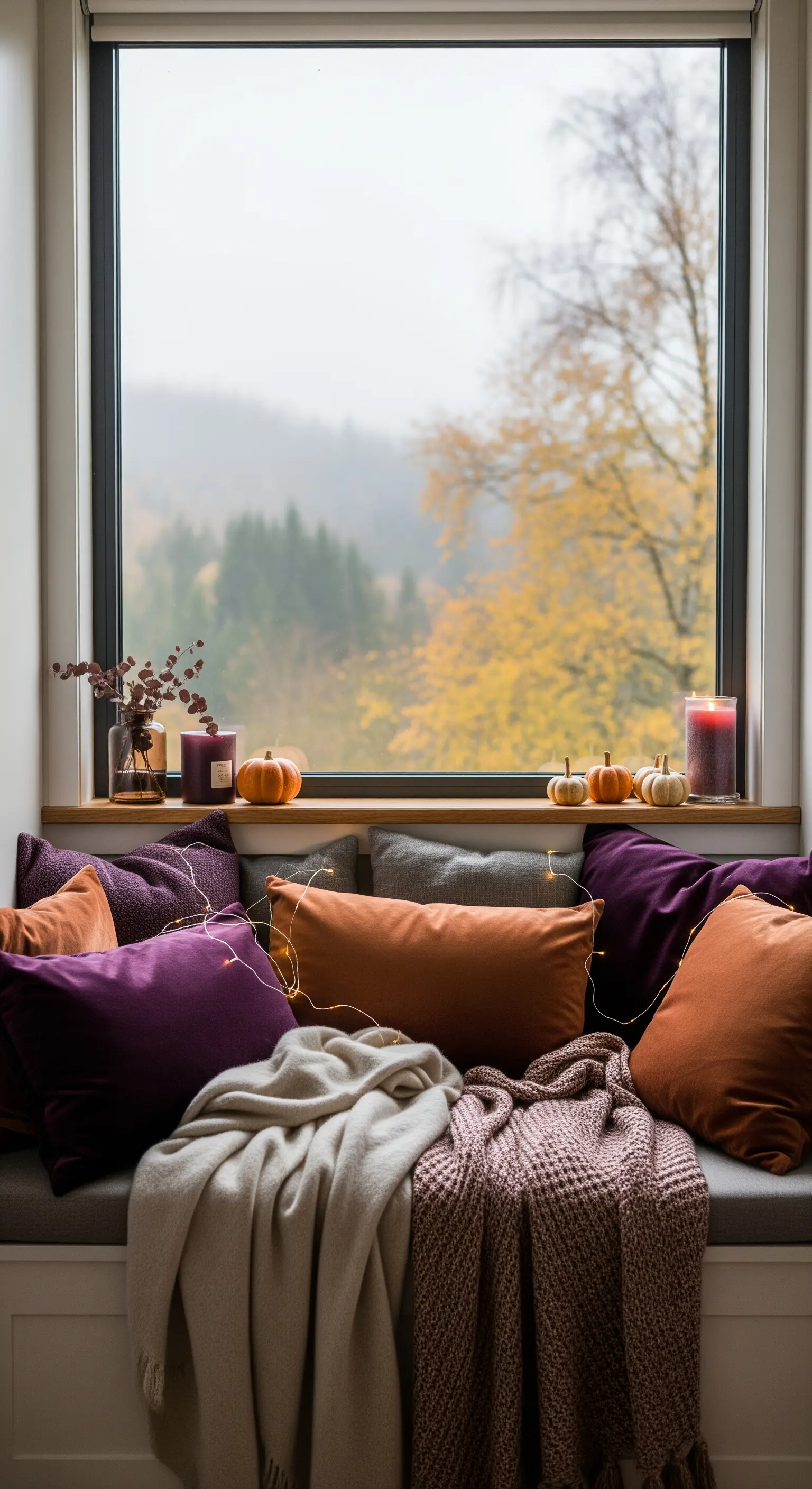 Kuschelige Fensterbank mit Herbstkissen, Strickdecke und kleinen Kürbissen