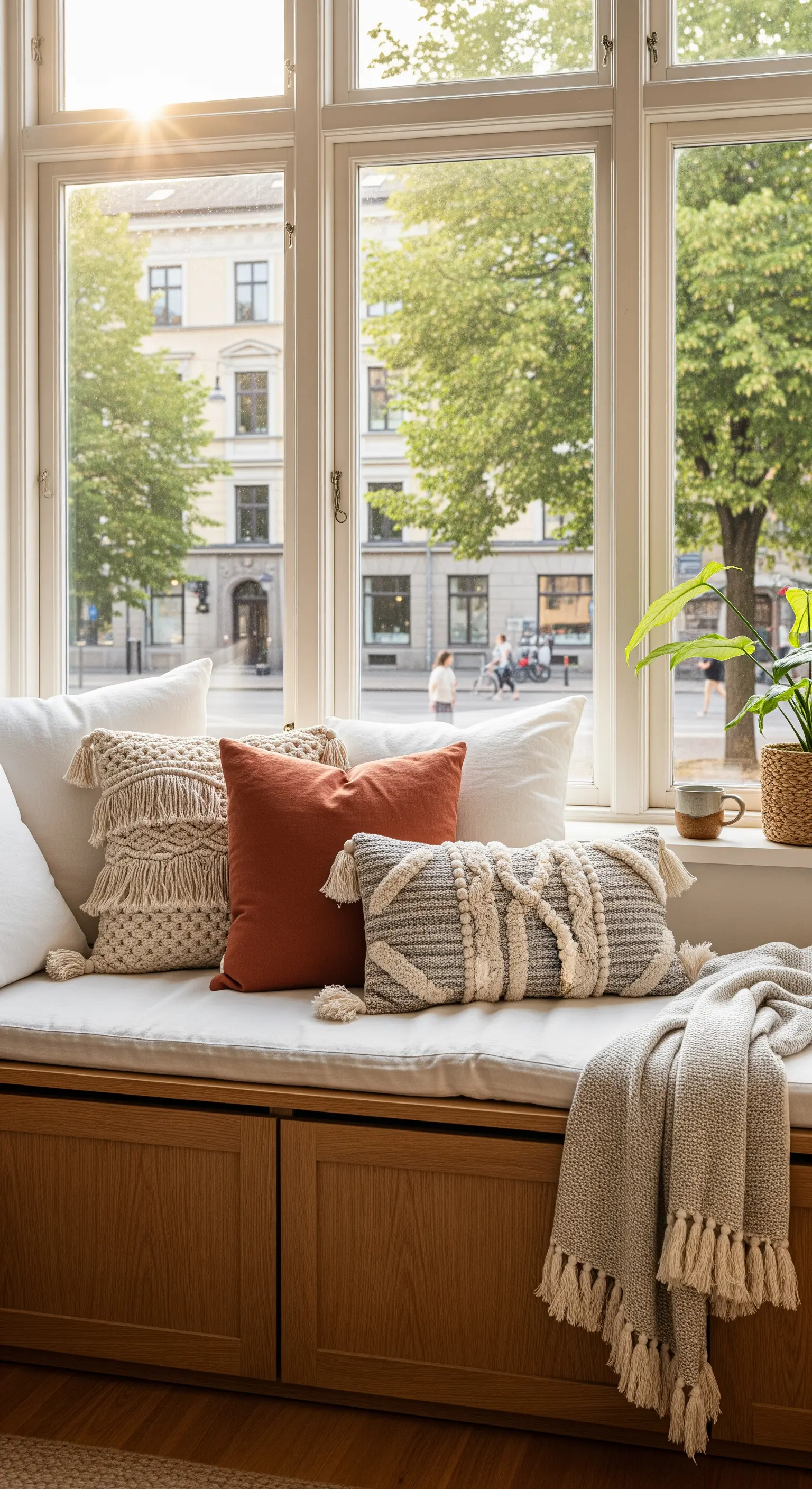 Fensterbank mit Kissen, Decke, Holzstauraum und Zimmerpflanze