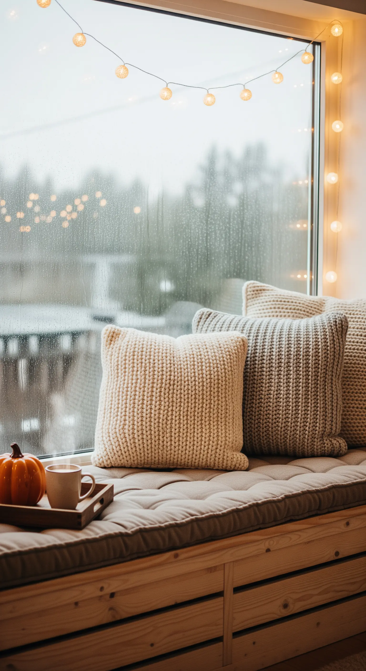 Halloween Fensterbank-Deko mit Strickkissen, Mini-Kürbis und Lichterketten für Gemütlichkeit