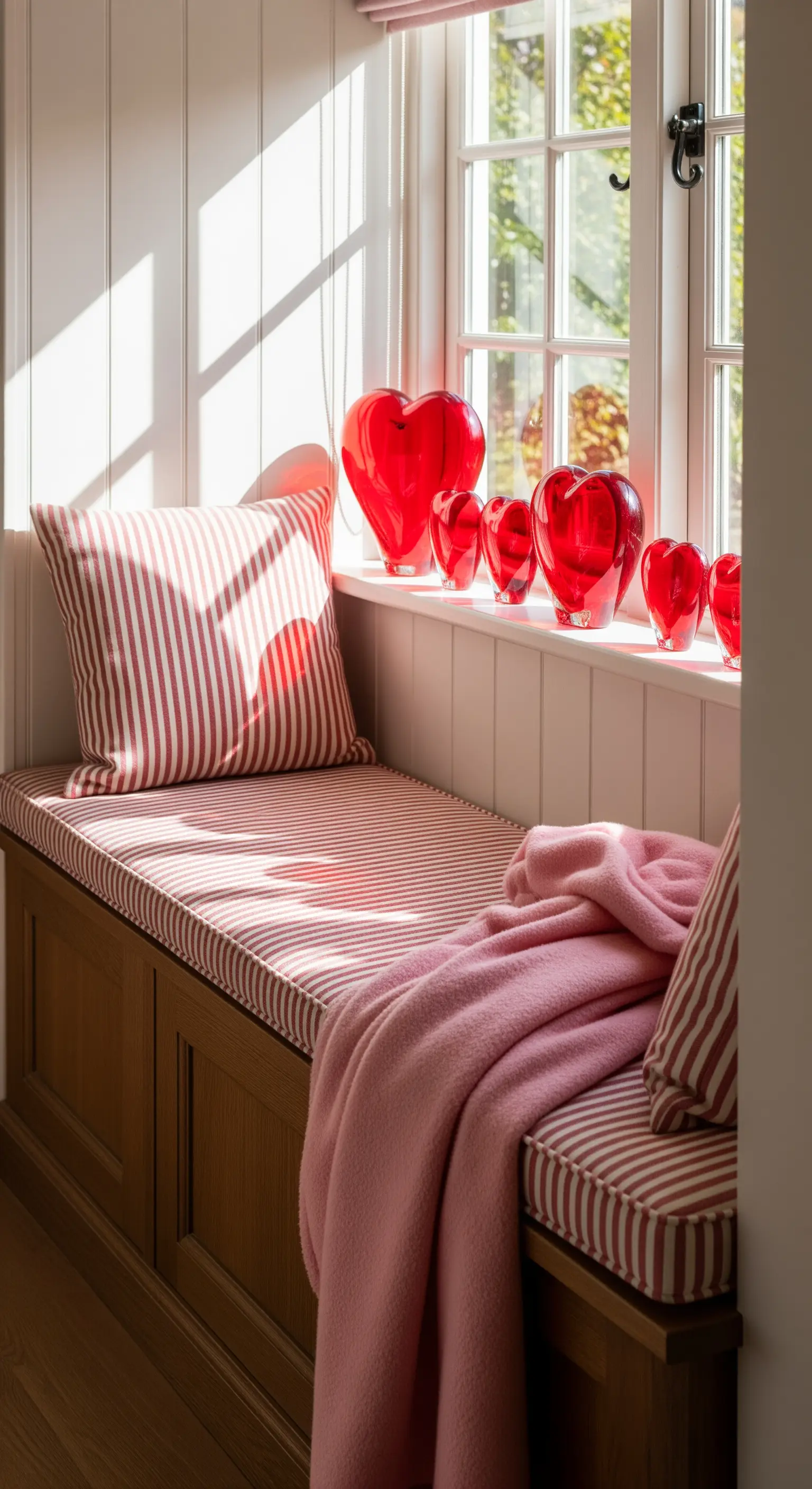 Fensternische mit gestreiften Kissen, rosa Decke und roten Glasherzen.