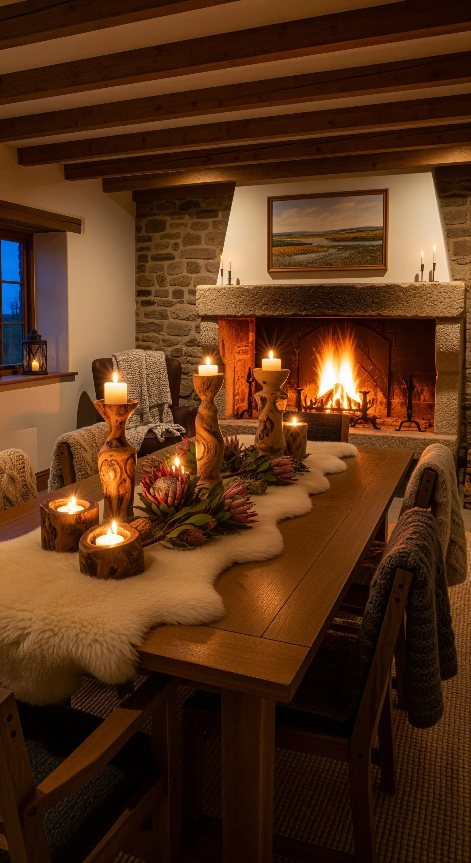 Schaffell-Läufer, Holzkernleuchter, Kaminfeuer für kuschelige Herbst-Tafel.