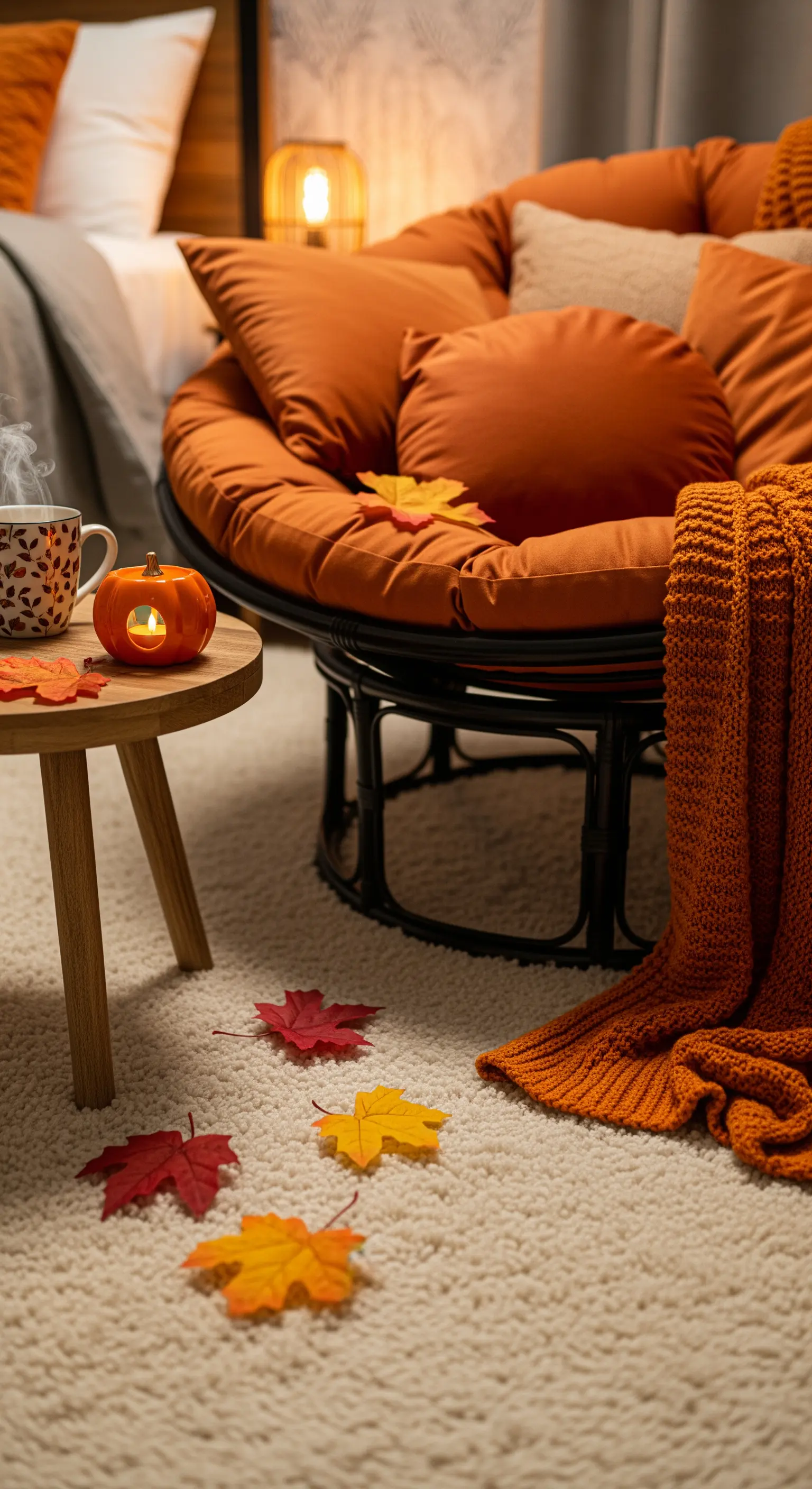 Papasan-Sessel mit orangefarbenen Kissen, Beistelltisch mit Kürbiskerze, Herbstblätter auf Teppich