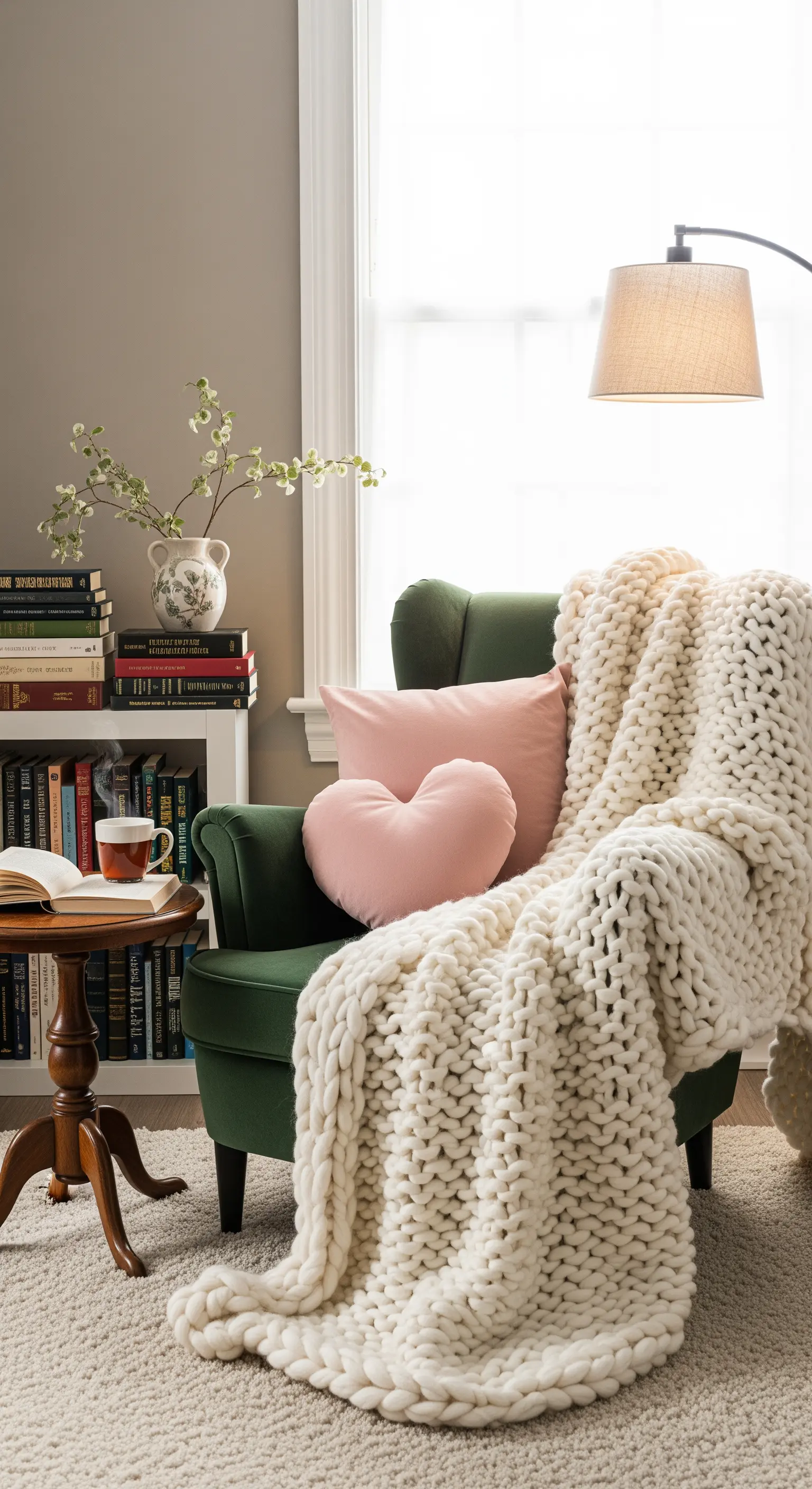 Grüner Sessel mit dicker Strickdecke und rosa Herzkissen in einer gemütlichen Leseecke.