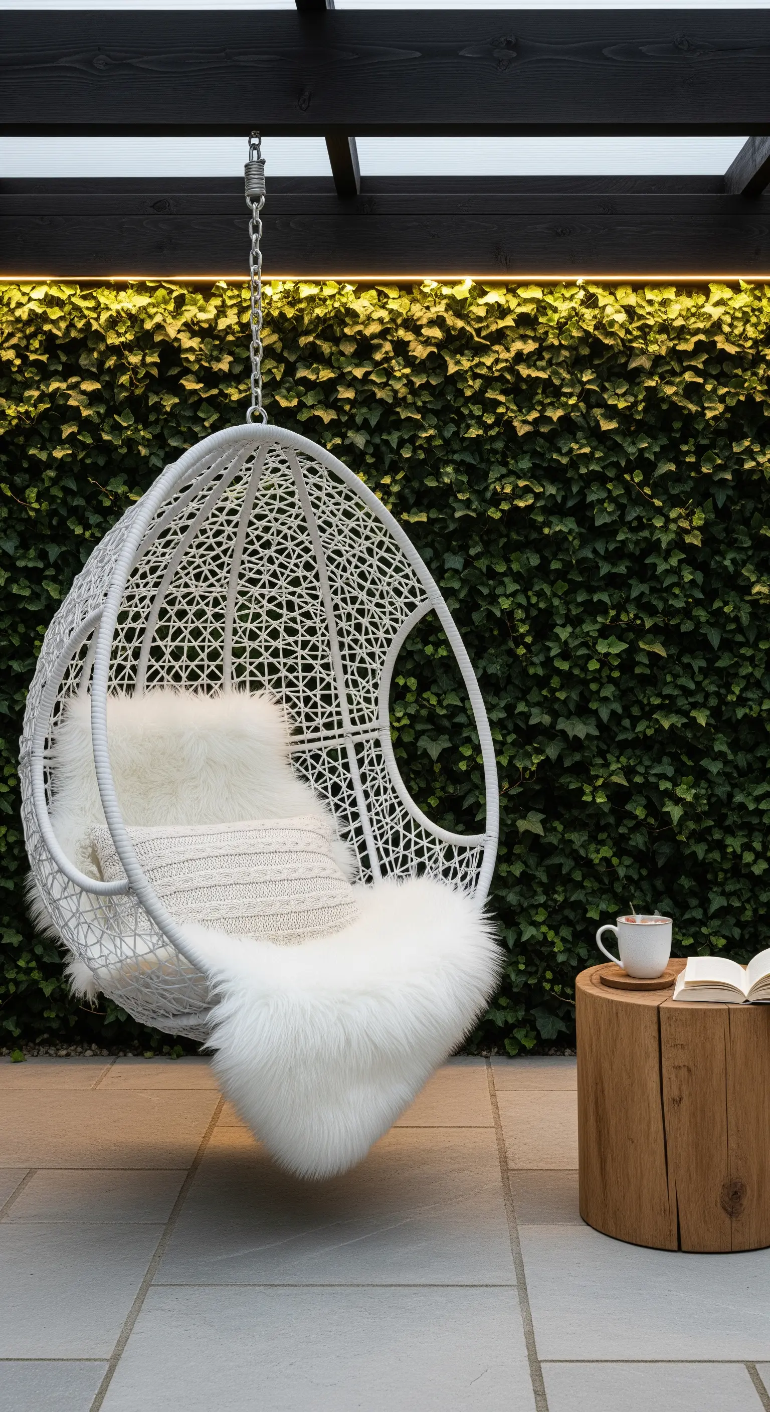 Weißer Hängesessel mit Fellen vor grüner Efeuwand