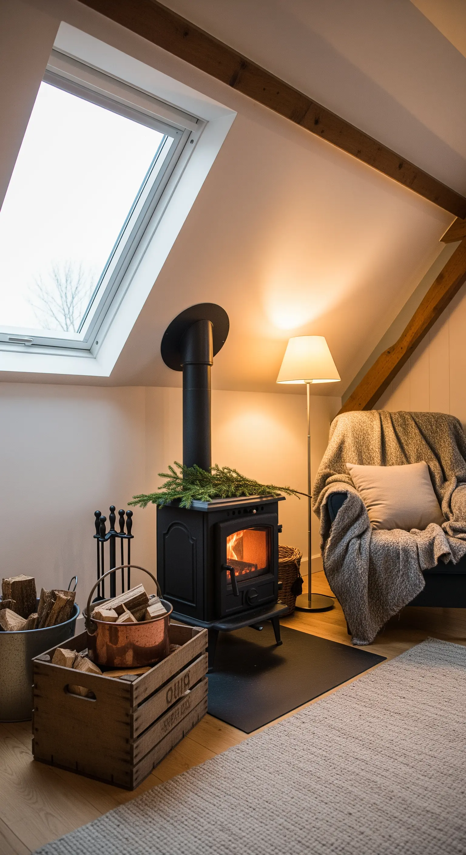 Holzofen mit Tannenzweigen, Brennholz und Kuschelsessel