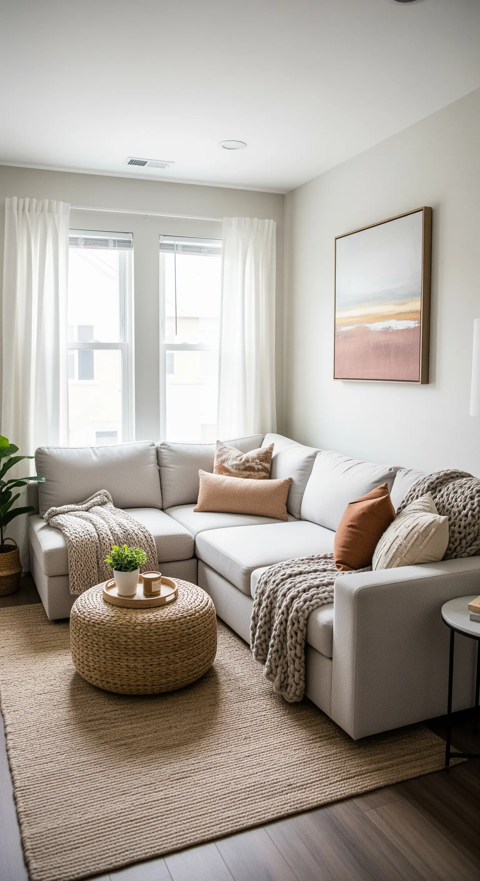 Helles Sofa, dekoriert mit vielen Kissen und Decken in warmen, erdigen Texturen.