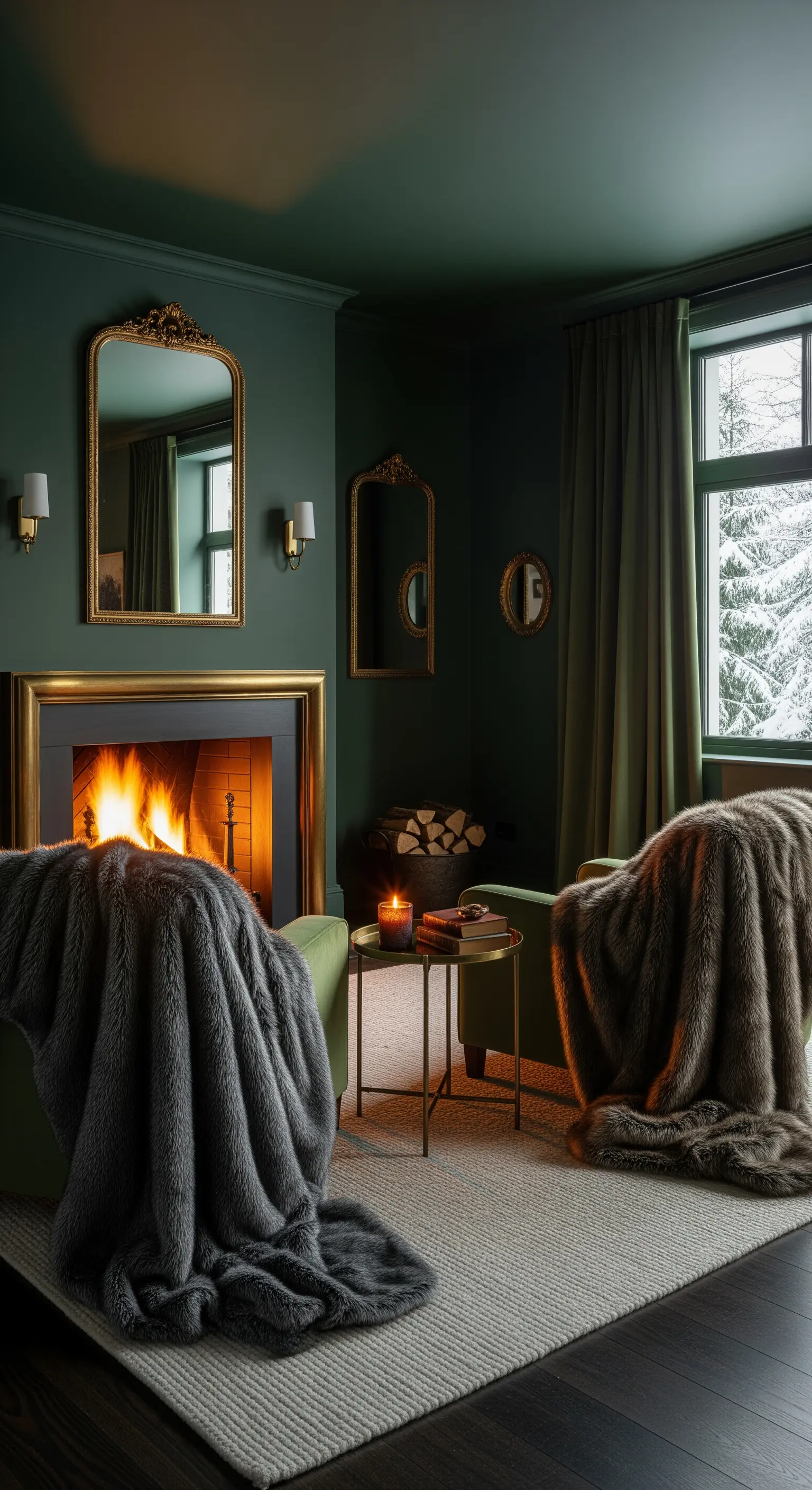 Olivgrüne Sessel, Kunstfell-Plaids, goldene Spiegel, Messing-Beistelltisch am Kamin