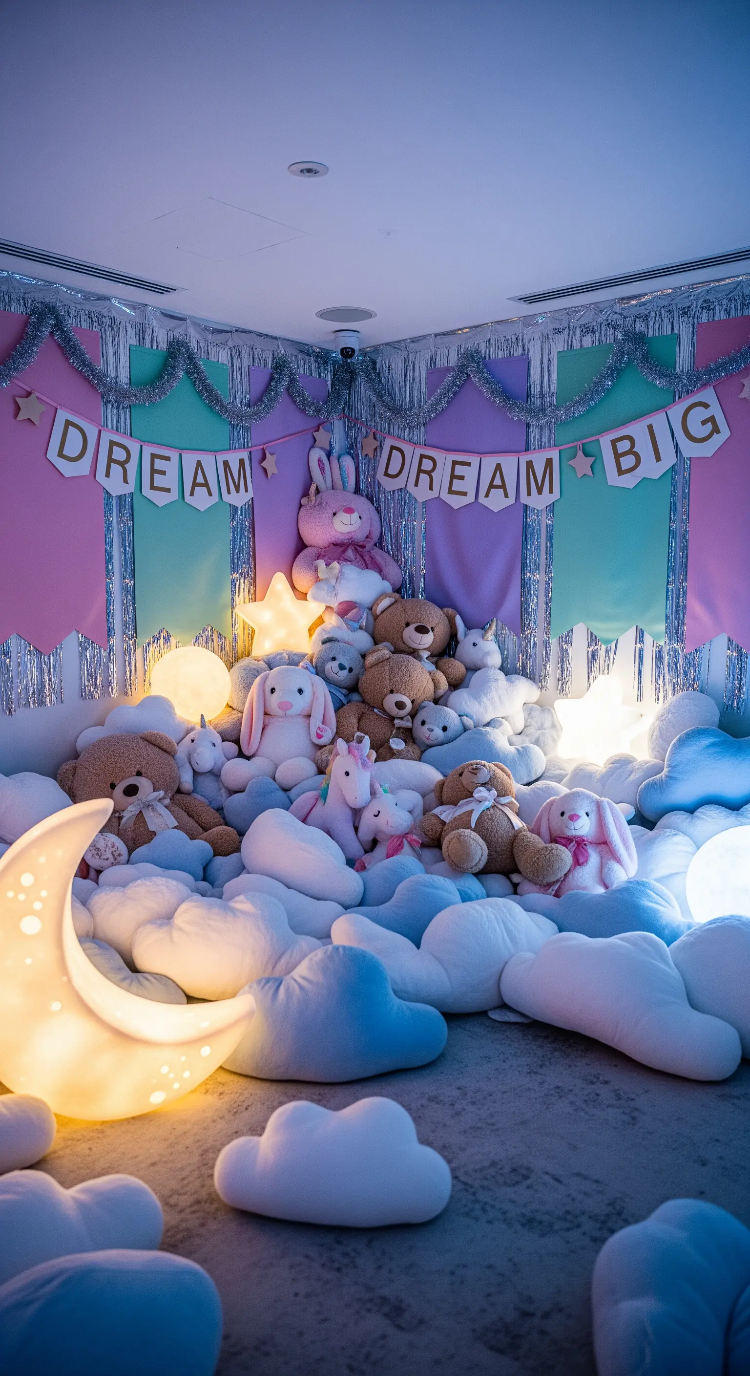 Kuschelecke mit Wolkenkissen, Mondlampe und 'Dream Big' Girlande.