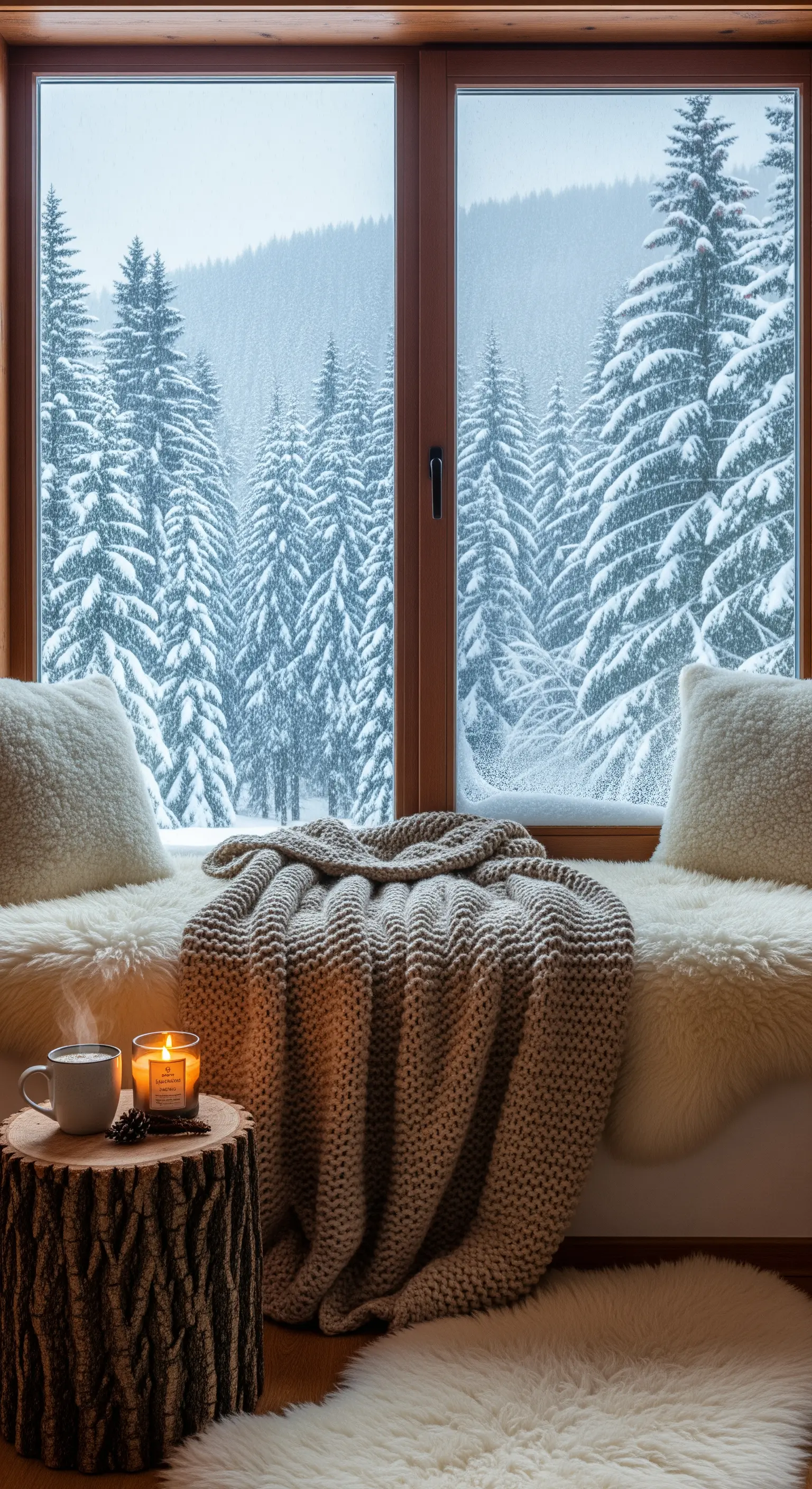 Hygge-Fensterbank mit Schaffell, Strickdecke, Baumstumpf und Kerze