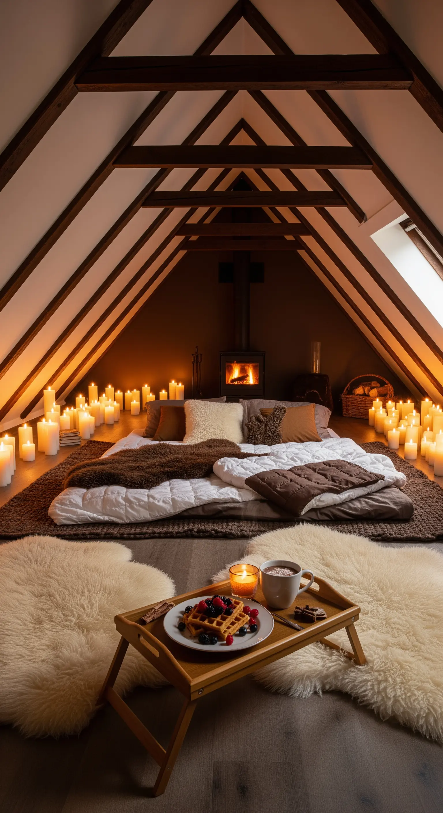 Hütten-Chic Frühstück mit Kerzenlicht, Fellen und Waffeln in einem Dachzimmer