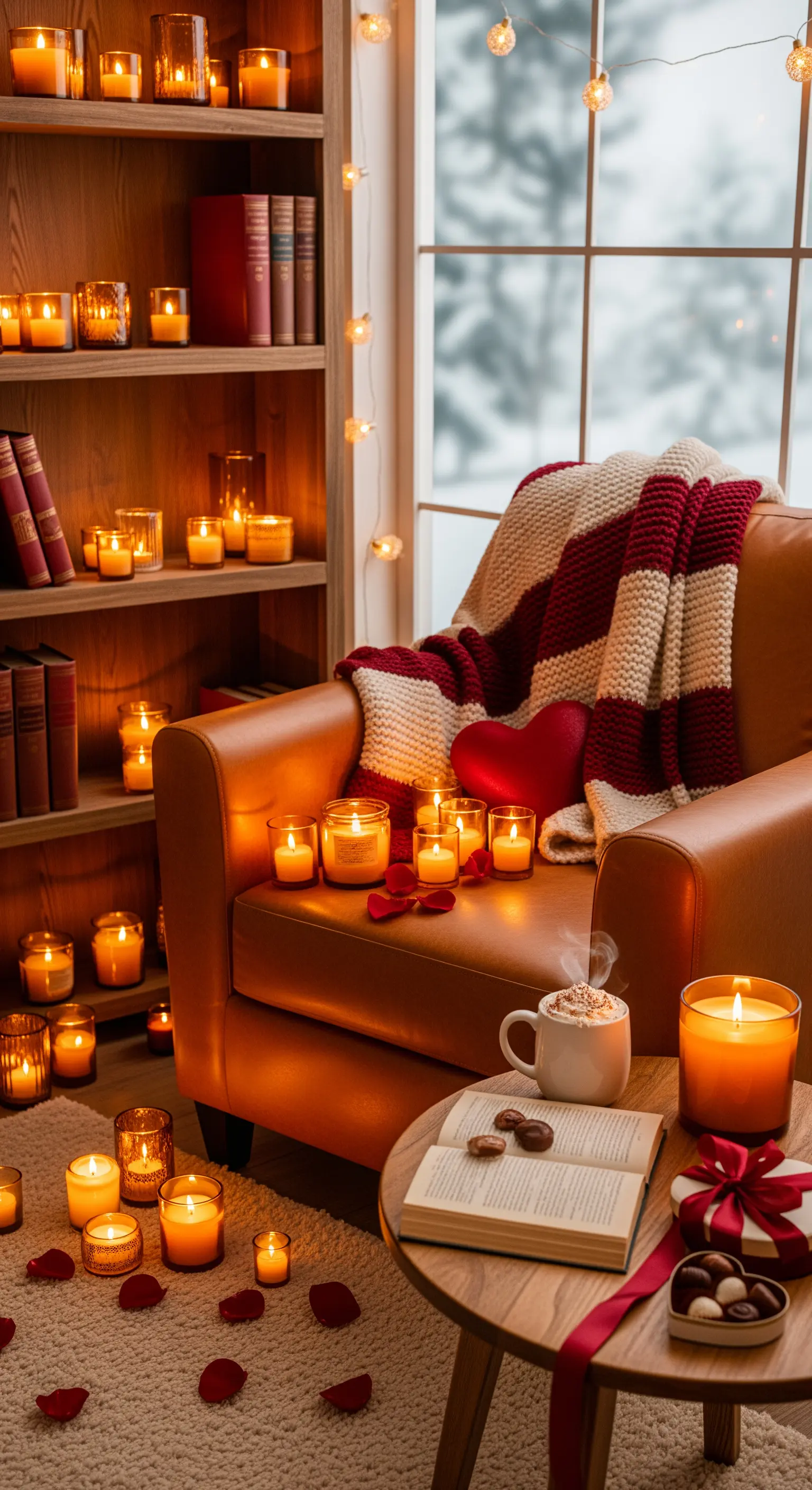 Sessel mit Decke, vielen Kerzen und einem Buch neben dem Fenster
