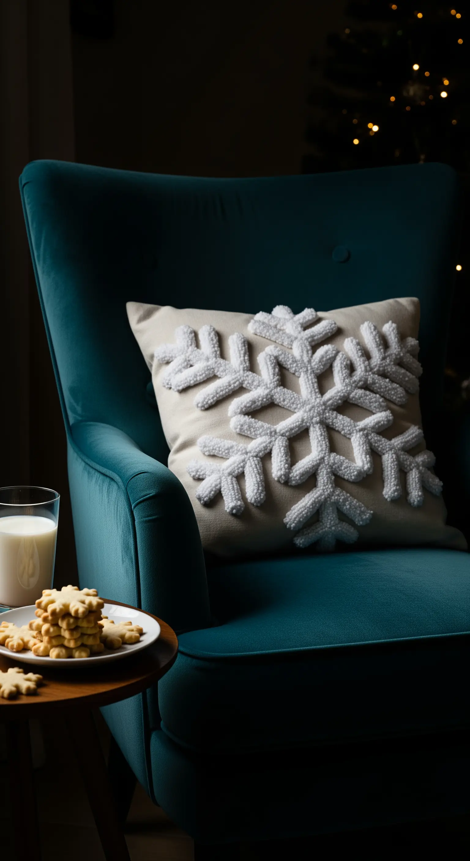 Türkisfarbener Sessel mit beigem Kissen und großer, texturierter Schneeflocke