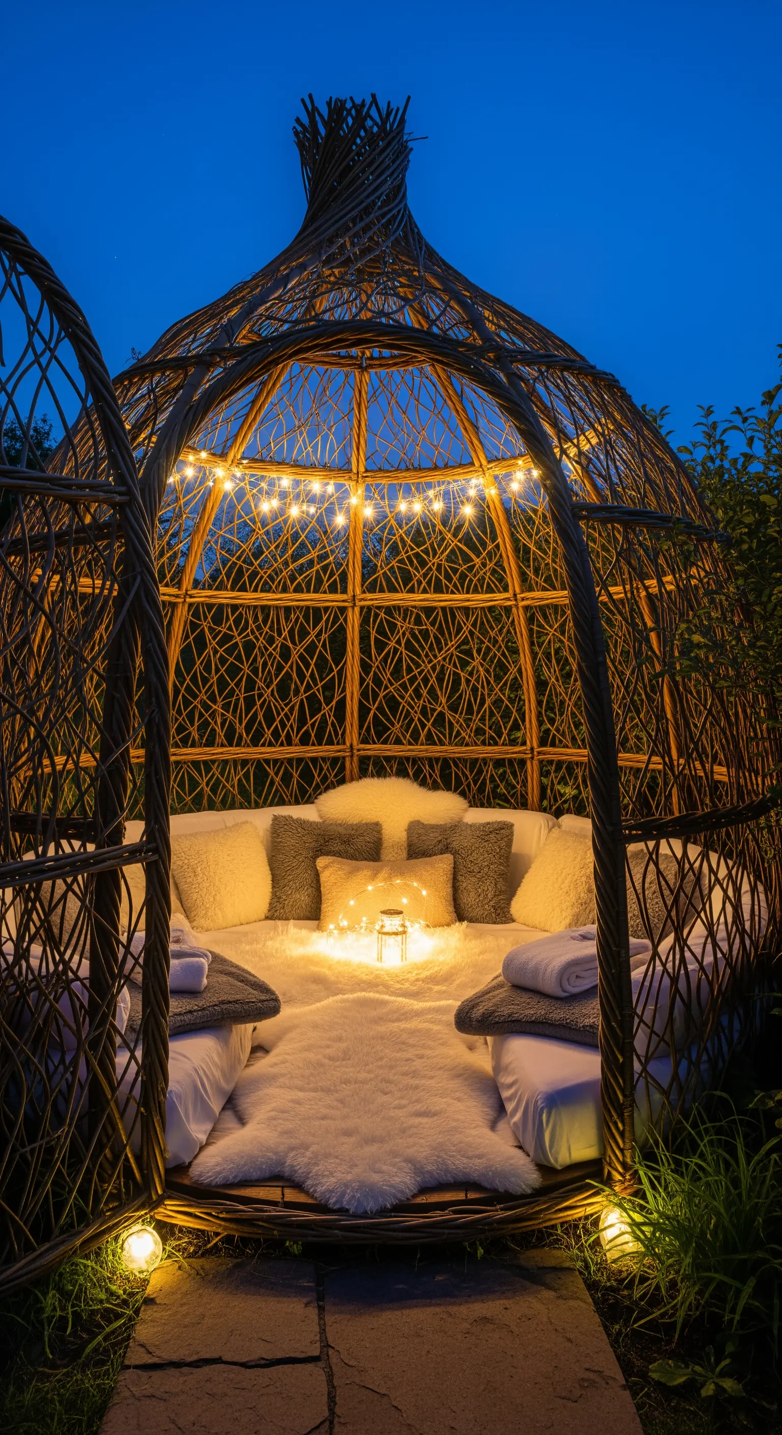 Geflochtenes Weiden-Kokon-Bett mit weißen Kissen und Lichterketten im Dunkeln
