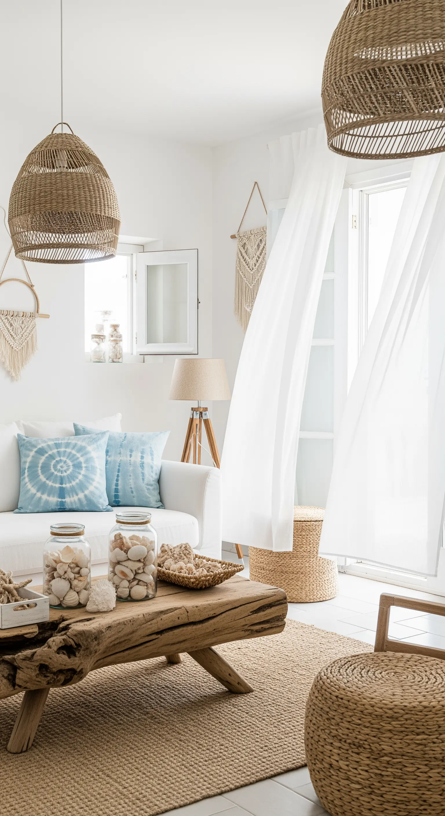 Helles Wohnzimmer im Coastal-Boho-Stil mit weißen Möbeln, blauen Kissen und Treibholz-Tisch.