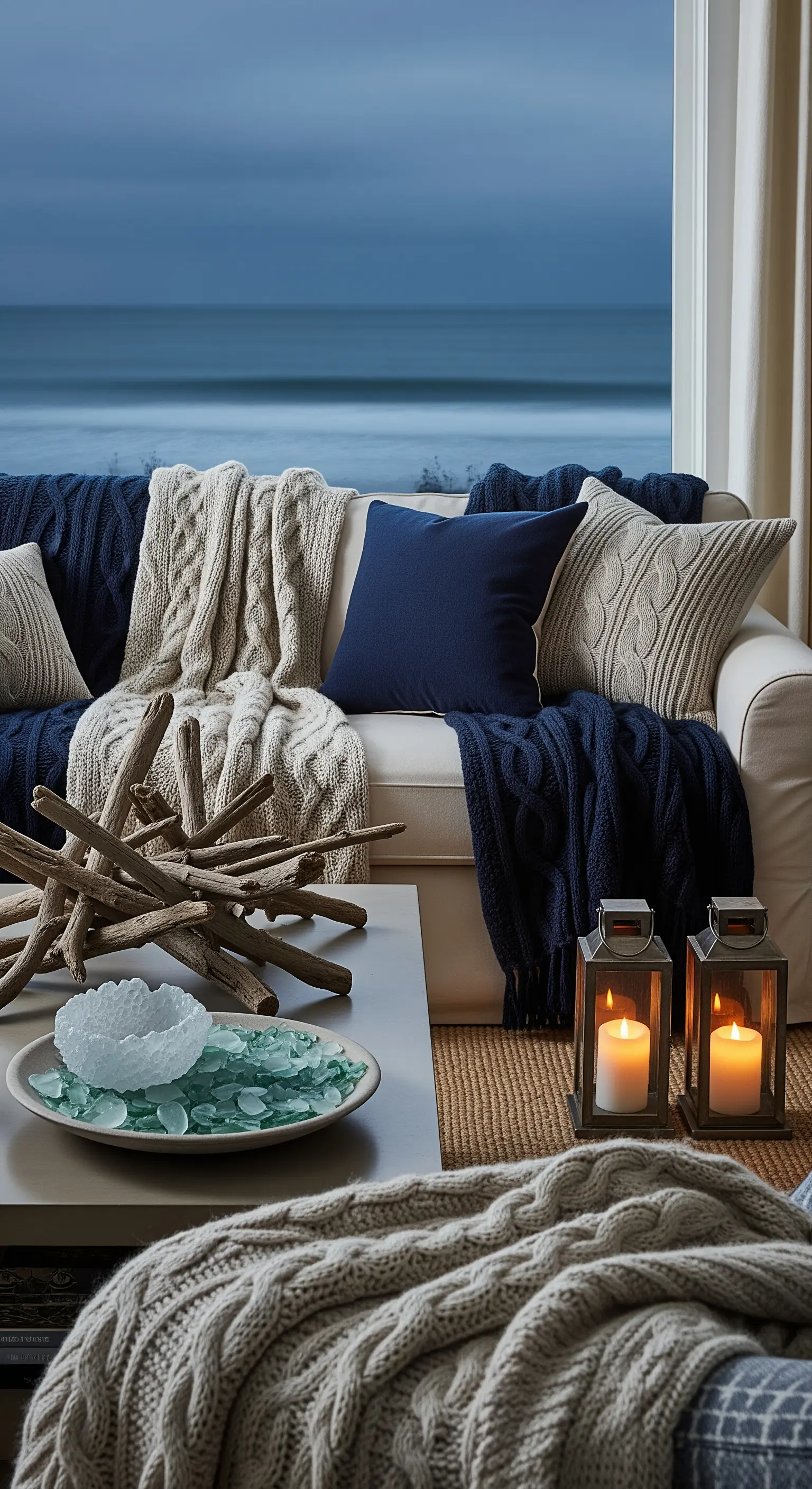Couch mit dicken Strickdecken in Blau und Weiß, davor ein Tisch mit Treibholz und Laternen.