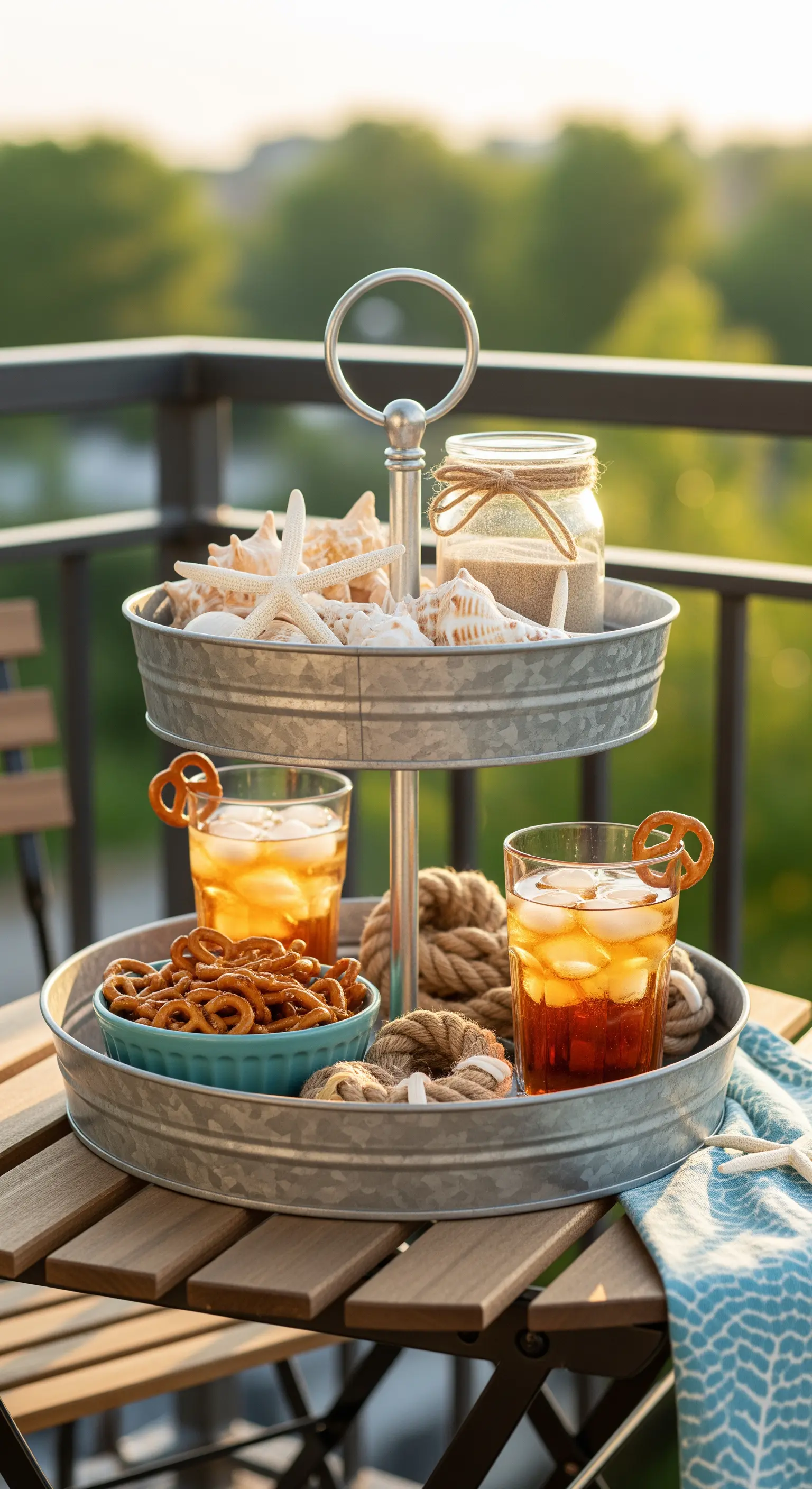 Zink-Etagere auf einem Holztisch mit Muscheln, Sand, Seilen und Eistee-Gläsern.