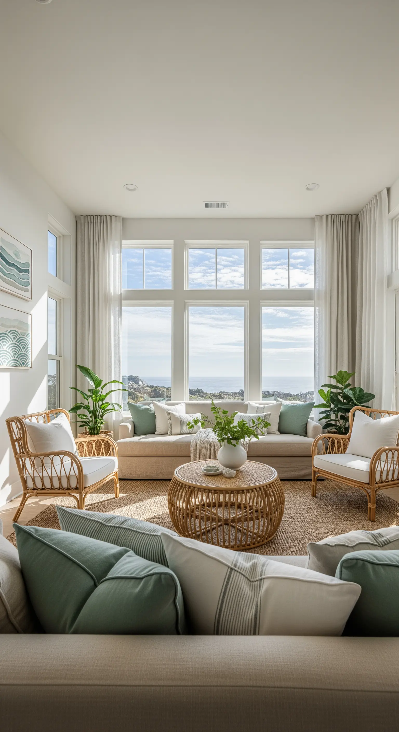 Wohnzimmer im Küsten-Chic mit Rattanmöbeln, pastellgrünen Kissen, Meerblick