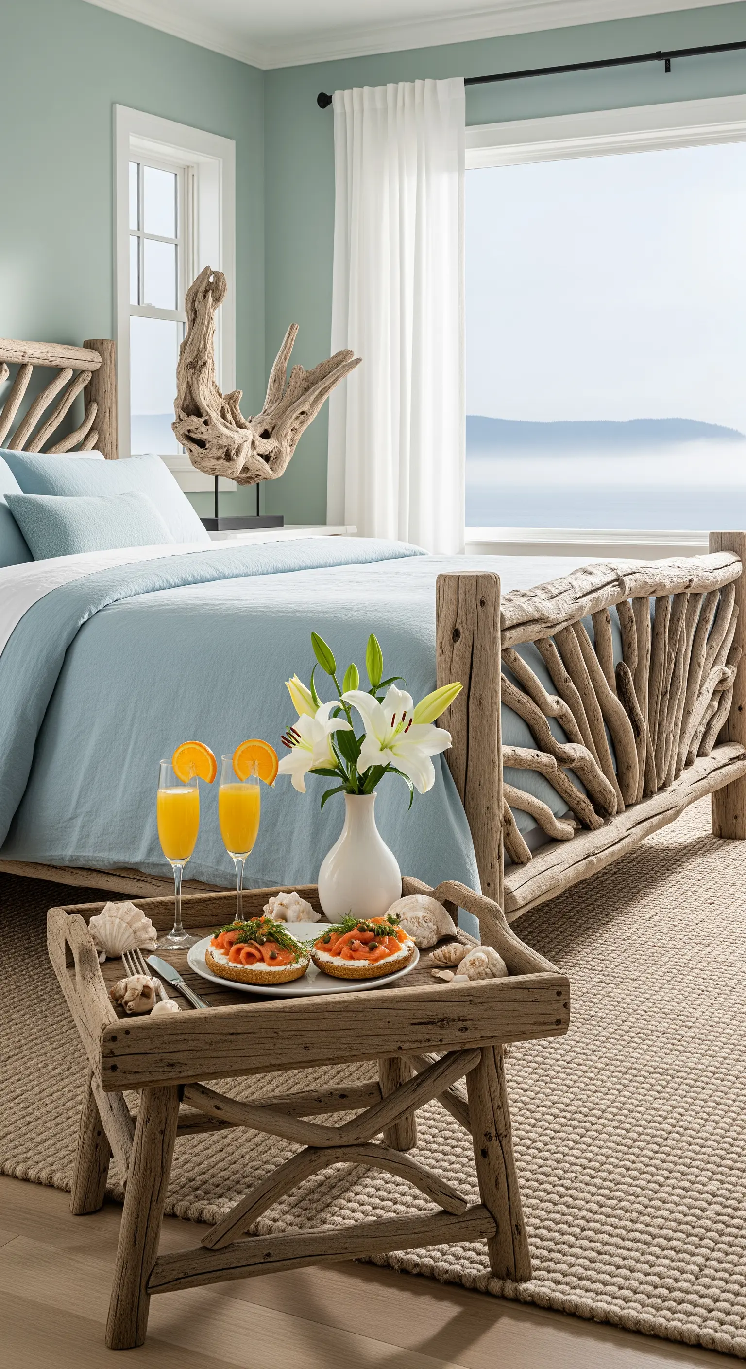 Küsten-Chic Frühstück mit Treibholzbett, blauer Bettwäsche, Muscheln und Lilien