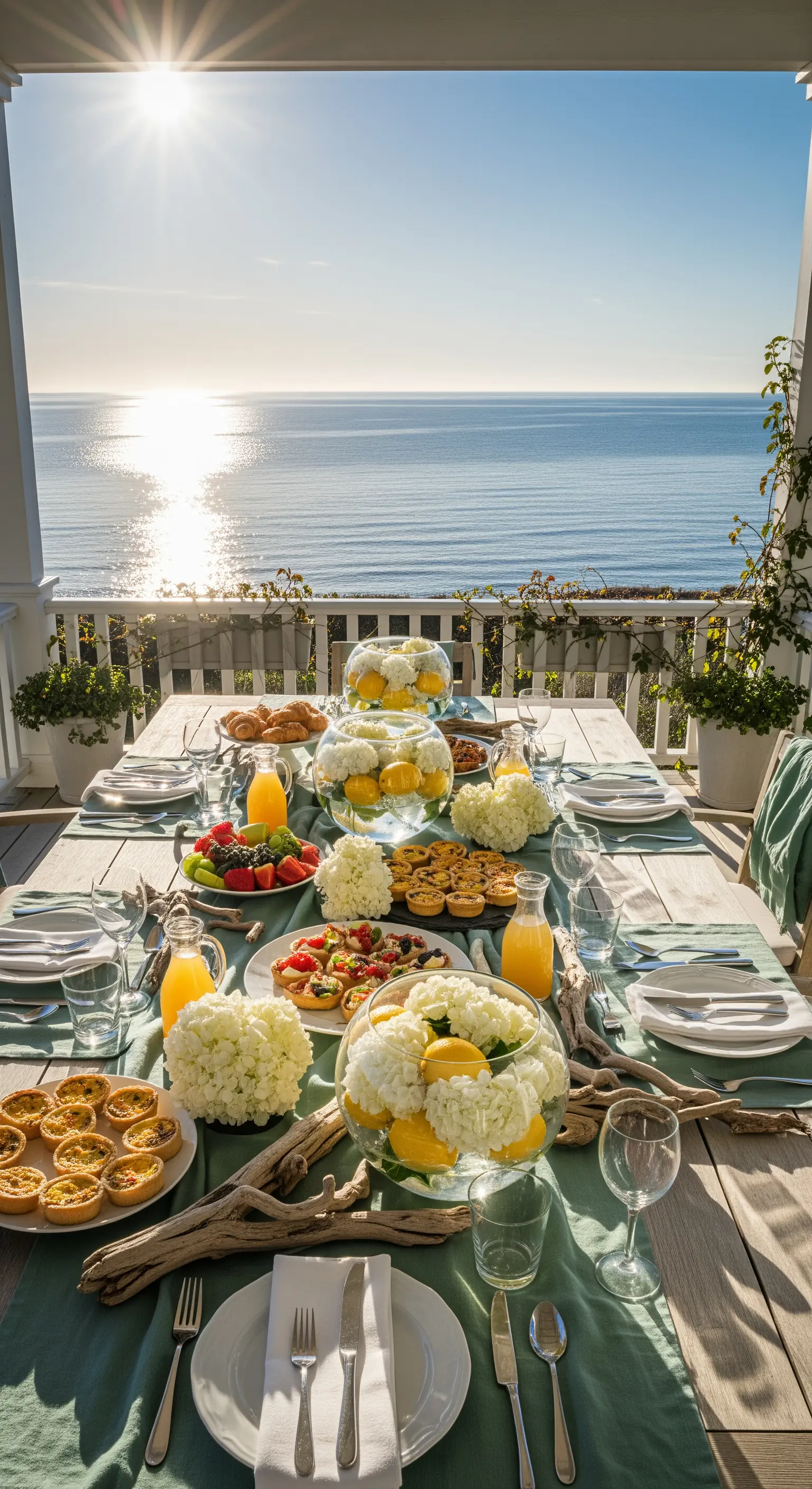 Brunchtisch am Meer mit weißen Hortensien, Zitronen, Treibholz und grünem Läufer