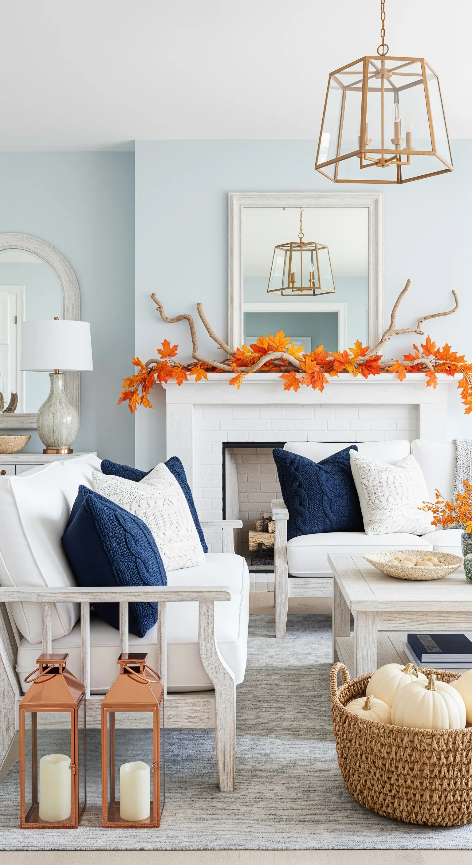Helles Küsten-Wohnzimmer mit blau-weißen Akzenten und Herbstlaub-Girlande